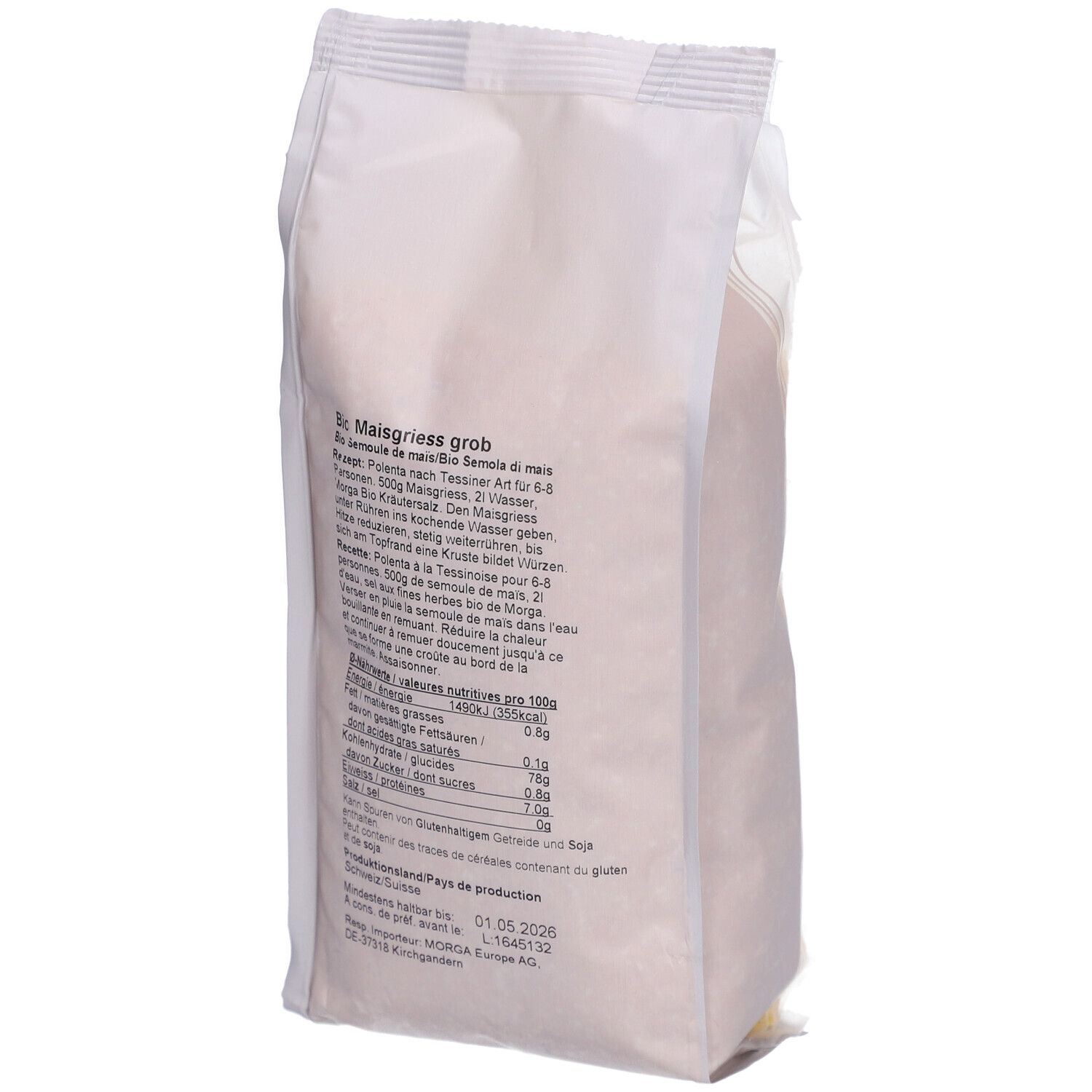 Rückseite der MORGA Maisgrieß-Verpackung. Text in Deutsch und Französisch. Nährwertangaben. Mindesthaltbarkeitsdatum.
