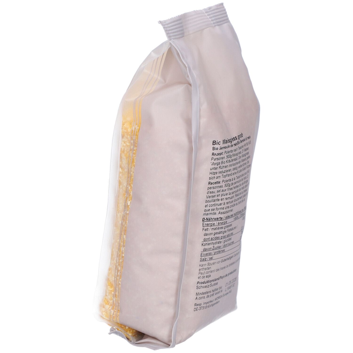 MORGA Maisgrieß-Packung, schräg. Text in Deutsch und Französisch. Nährwertangaben. Mindesthaltbarkeitsdatum.