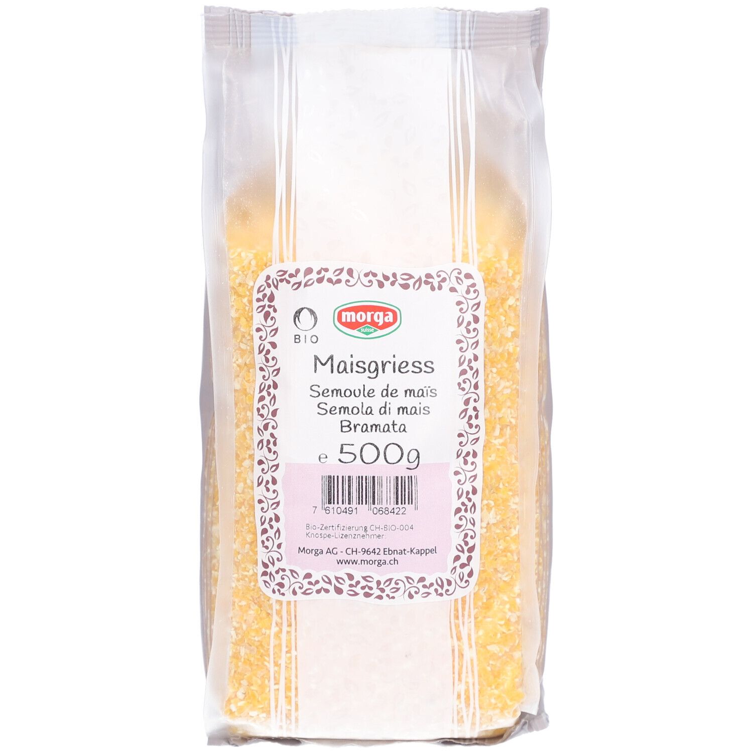 MORGA Maisgrieß in Verpackung. BIO-Siegel. 500g. Aufschrift: Maisgrieß, Semoule de maïs, Bramata.