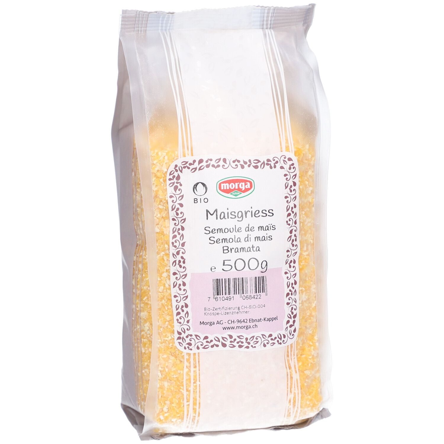 MORGA Maisgrieß in Verpackung. BIO-Siegel. 500g. Aufschrift: Maisgrieß, Semoule de maïs, Bramata.