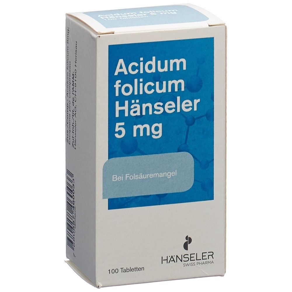 Kartonverpackung mit blauer Beschriftung. Text: Acidum folicum Hönseler 5 mg. Weißer Hintergrund. Apothekenprodukt.