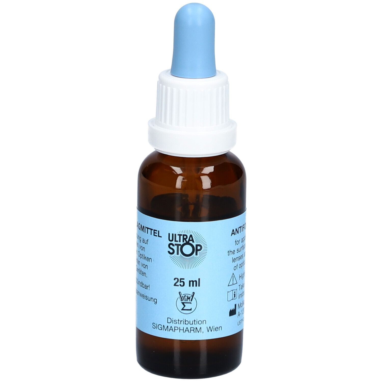 Braune Tropfenflasche mit blauer Pipette. Aufschrift: ULTRASTOP, 25 ml. Aufkleber mit Informationen.