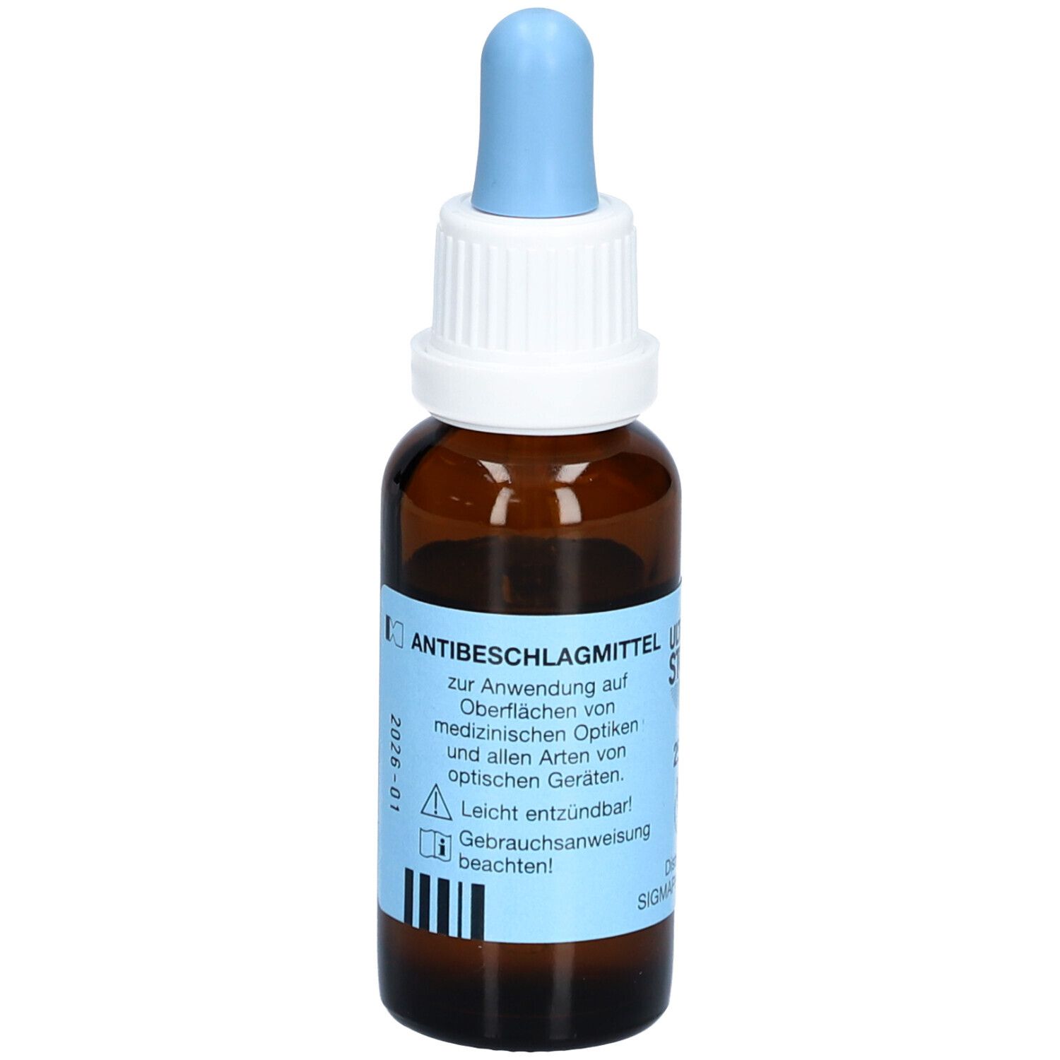 Braune Tropfenflasche mit blauer Pipette. Aufkleber mit Text: Antibeschlagmittel, zur Anwendung auf Oberflächen.