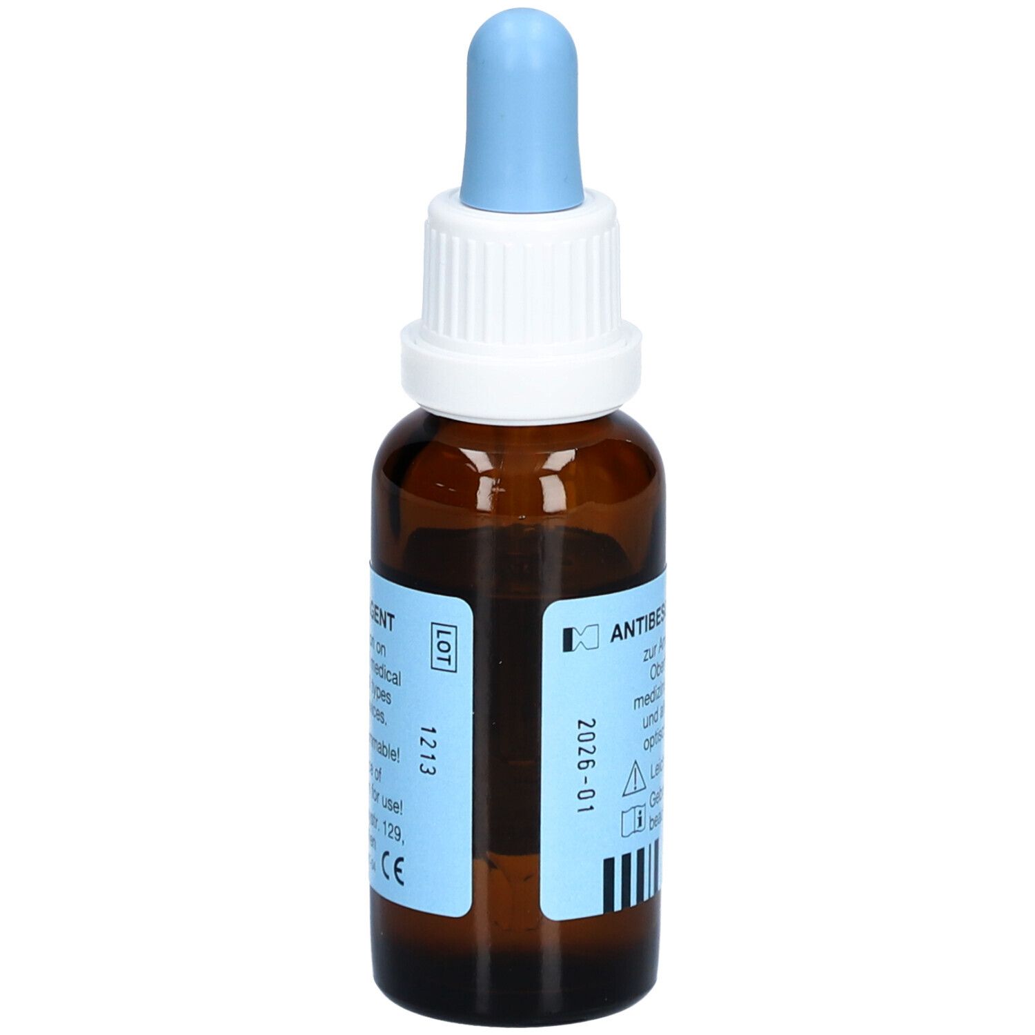 Braune Tropfenflasche mit blauer Pipette. Aufkleber mit Text und Chargennummer 1213, Verfallsdatum 2026-01.