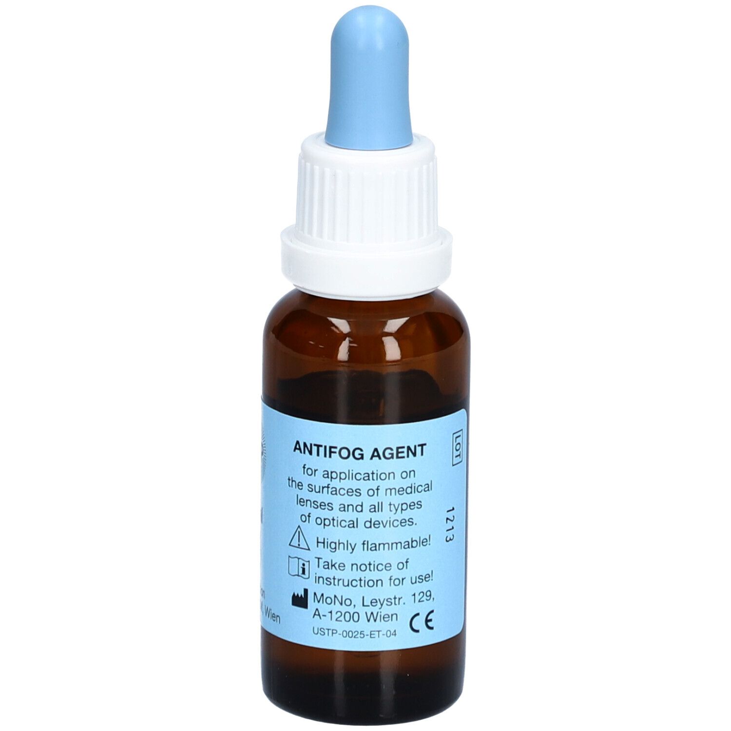 Braune Tropfenflasche mit blauer Pipette. Aufkleber mit Text: Antifog Agent, für medizinische Linsen.