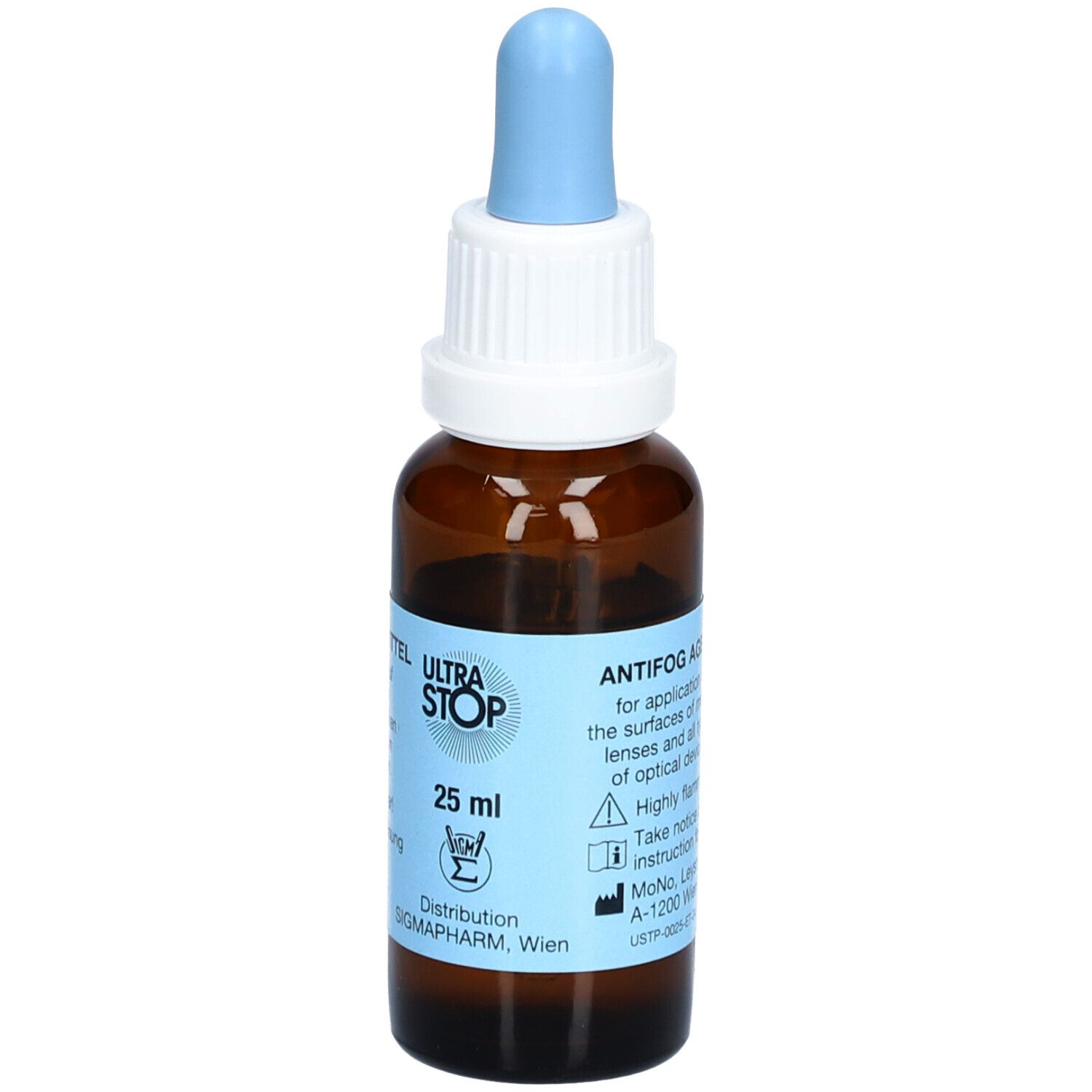 Braune Tropfenflasche mit blauer Pipette. Aufkleber mit Text: ULTRASTOP, 25 ml, und Informationen.