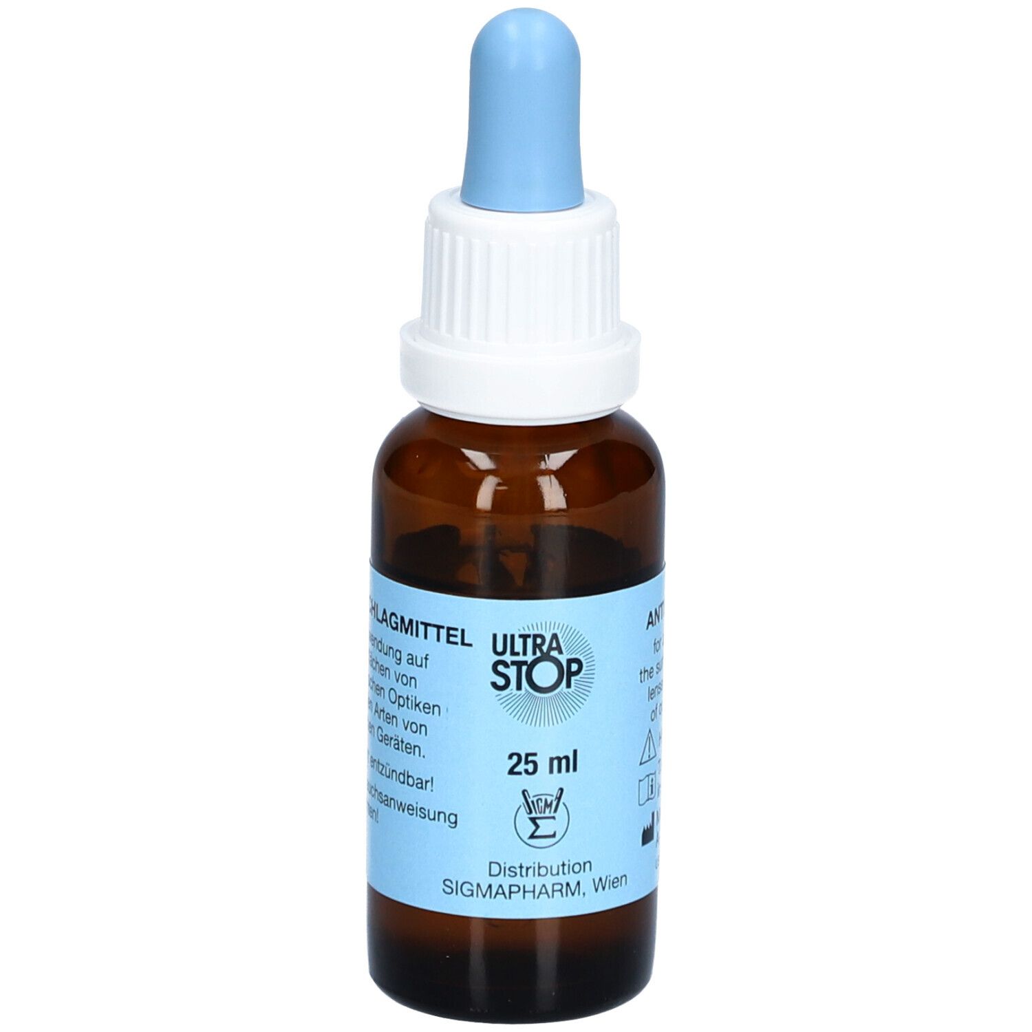 Braune Tropfenflasche mit blauer Pipette. Aufkleber mit Text: ULTRASTOP, 25 ml, und Informationen.