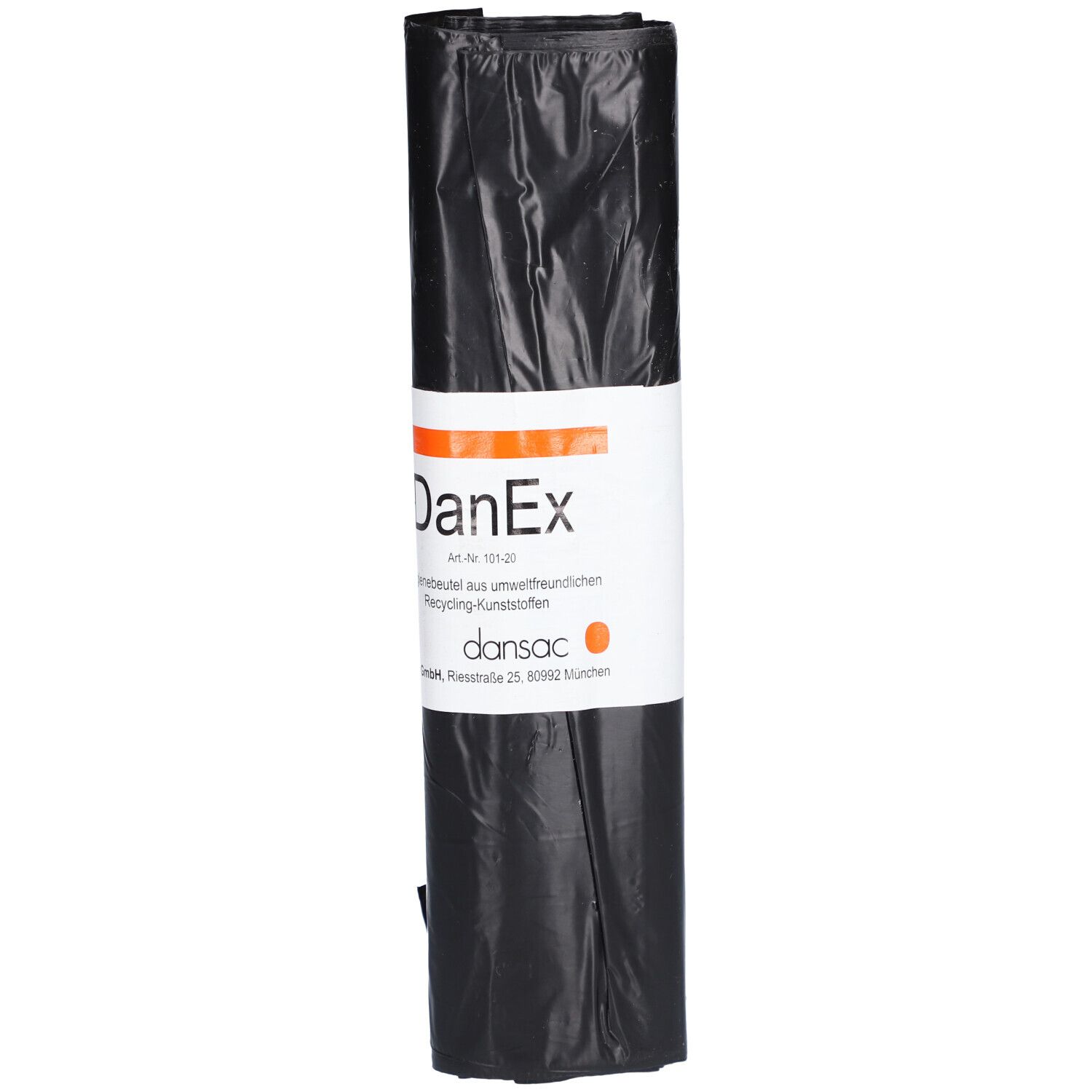 Rouleau de sacs hygiéniques noirs. Étiquette blanche avec logo DanEx et texte. Accents orange.