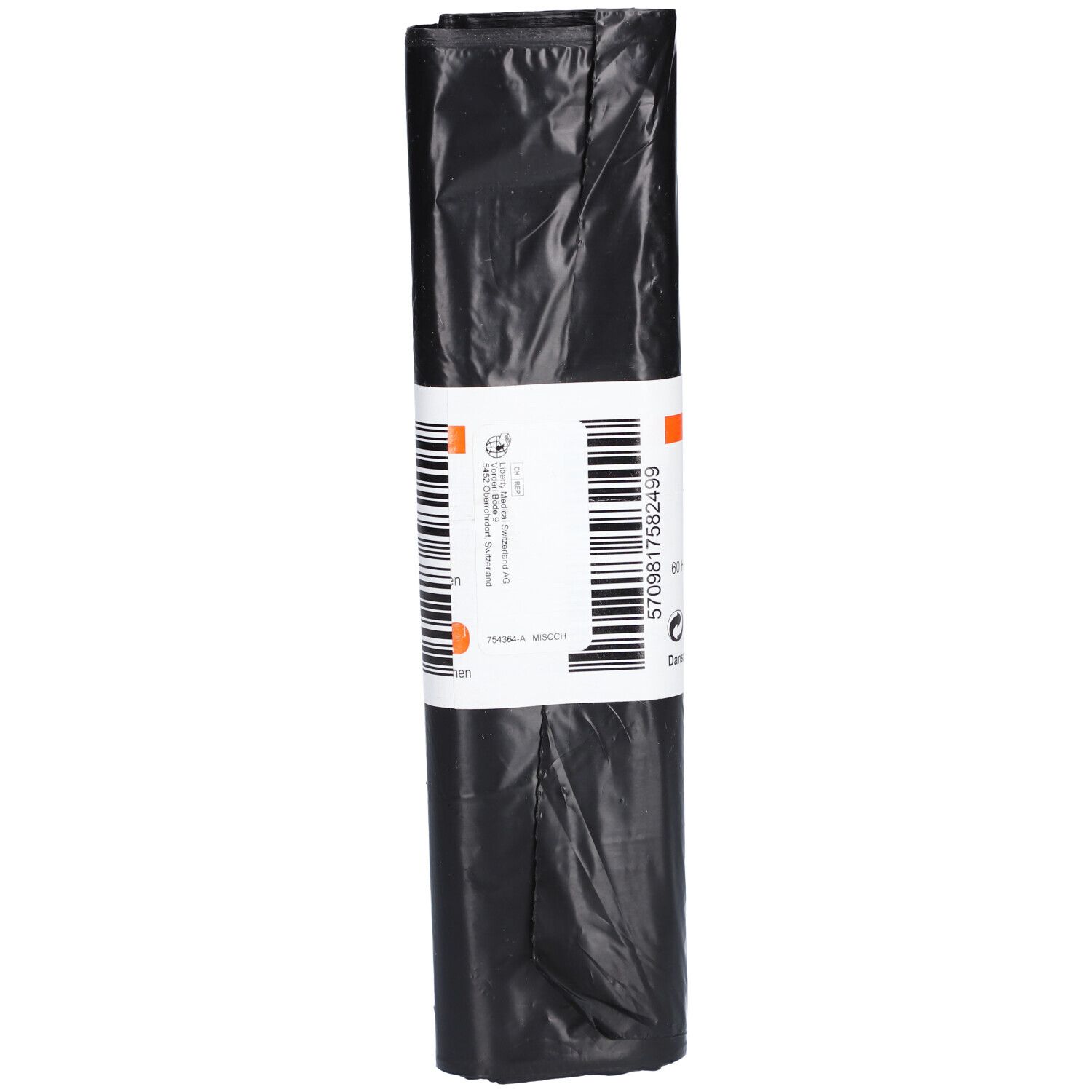 Rouleau de sacs hygiéniques noirs. Étiquette blanche avec code-barres et texte. Détails orange.