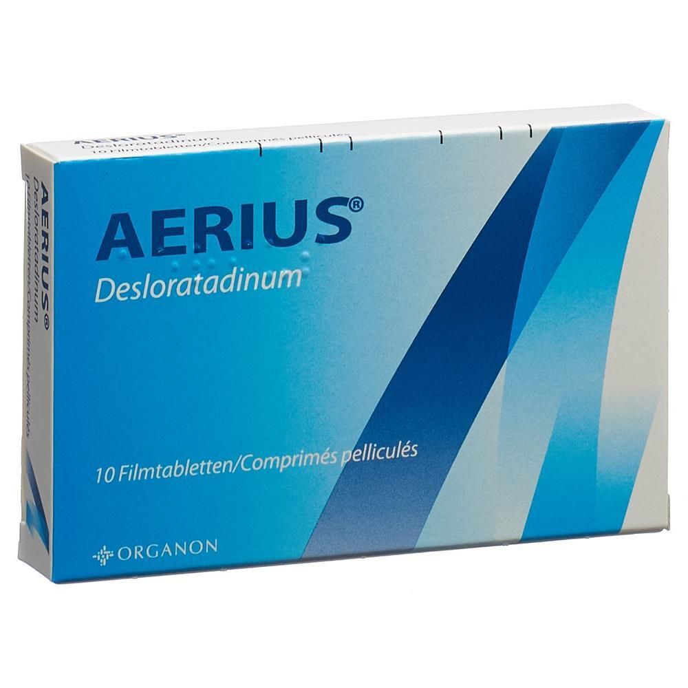 Blau-weiße Schachtel mit "AERIUS Desloratadinum". Enthält 10 Filmtabletten. Logo von Organon.