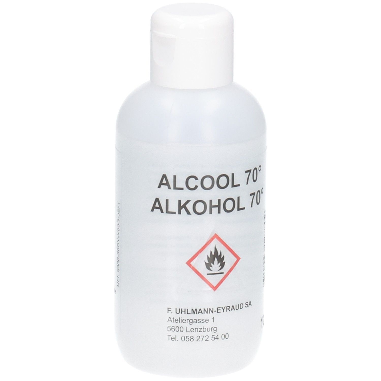 Transparente Kunststoffflasche mit weißem Klappdeckel. Enthält Alkohol 70%. Gefahrensymbol für Entzündbarkeit.