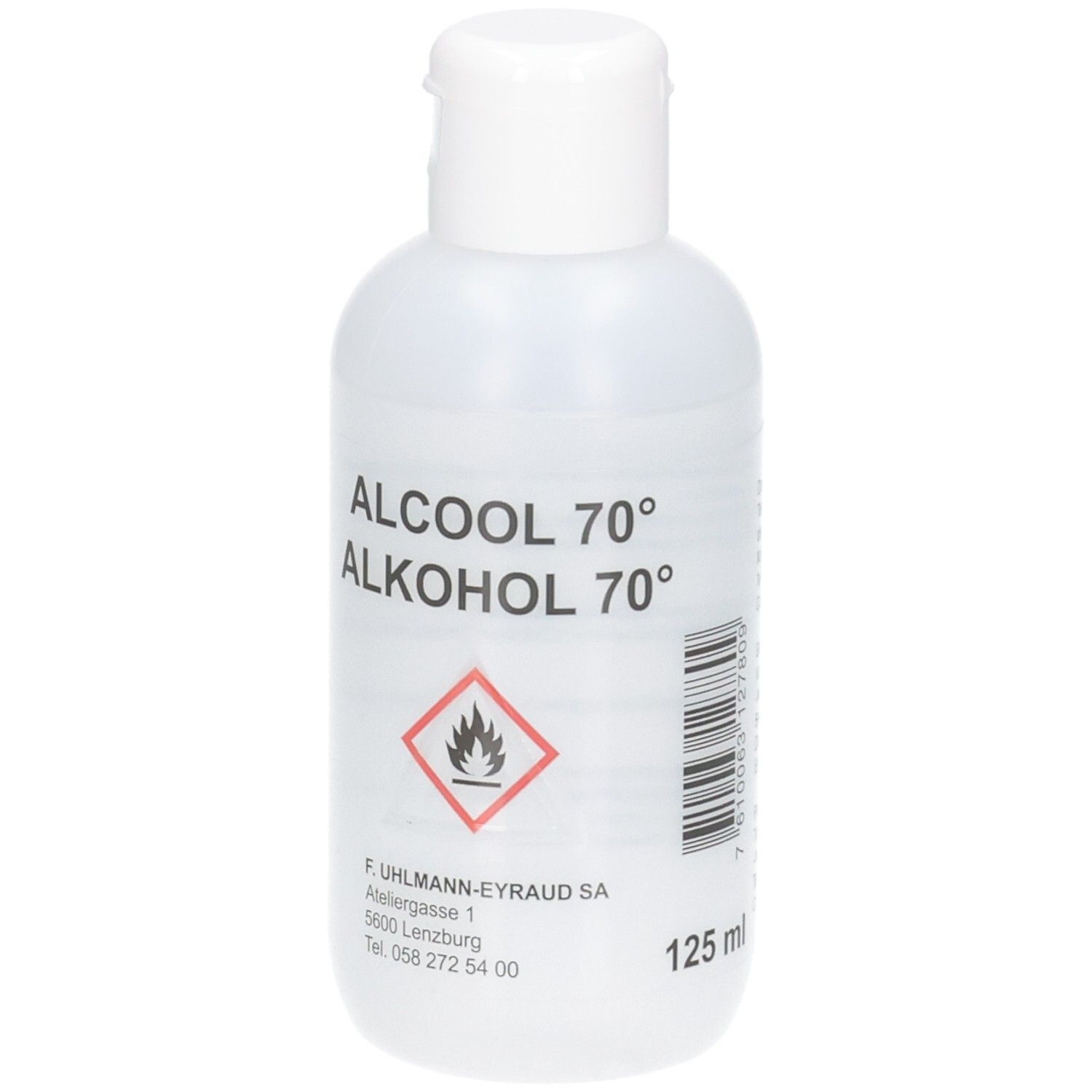 Transparente Kunststoffflasche mit weißem Klappdeckel. Beschriftung: ALCOOL 70°, ALKOHOL 70°, 125 ml. Gefahrensymbol.