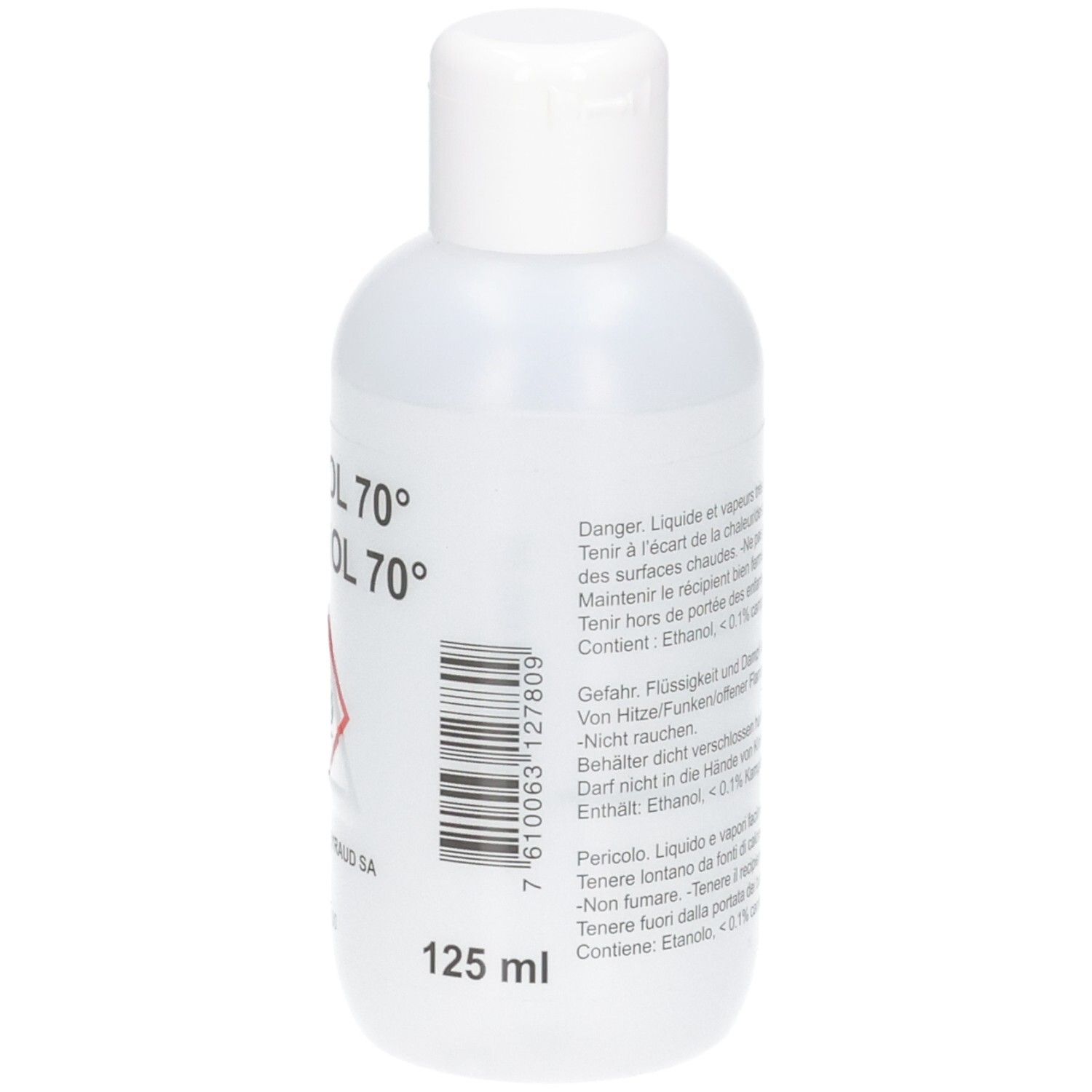 Seitenansicht einer transparenten Kunststoffflasche mit weißem Klappdeckel. Beschriftung: 125 ml. Barcode und Warnhinweise.