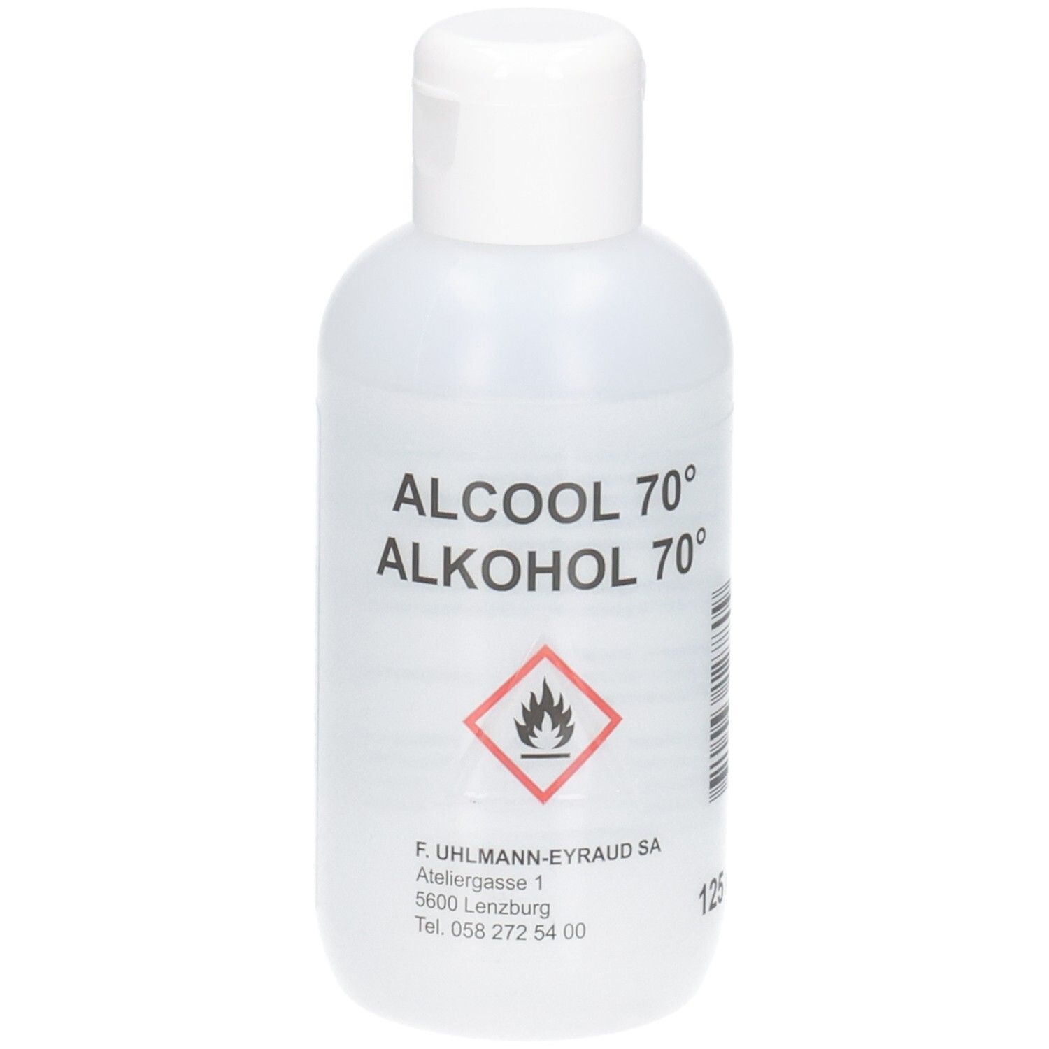 Transparente Kunststoffflasche mit weißem Klappdeckel. Beschriftung: ALCOOL 70°, ALKOHOL 70°. Herstelleradresse und Telefonnummer.