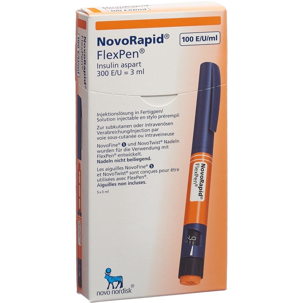 Emballage avec stylo prérempli. Le stylo est noir et orange. Des informations sur le produit sont imprimées sur l'emballage.