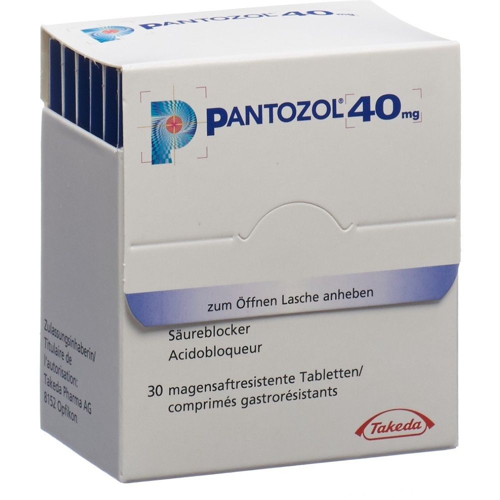 Boîte en carton avec texte bleu et blanc. "pantozol 40" en haut. Autres inscriptions en dessous.