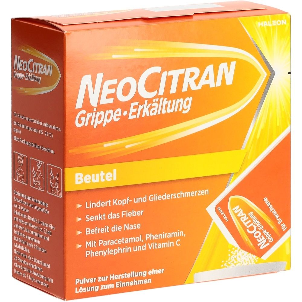 Orangefarbene Schachtel mit "NeoCitran Grippe-Erkältung". Enthält Beutel. Text: Lindert Kopf- und Gliederschmerzen, senkt Fieber.