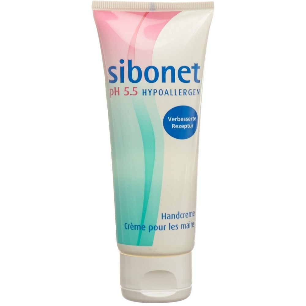 Tube blanc avec design rose et bleu. Inscription: Sibonet, pH 5.5, Hypoallergénique. Crème pour les mains.