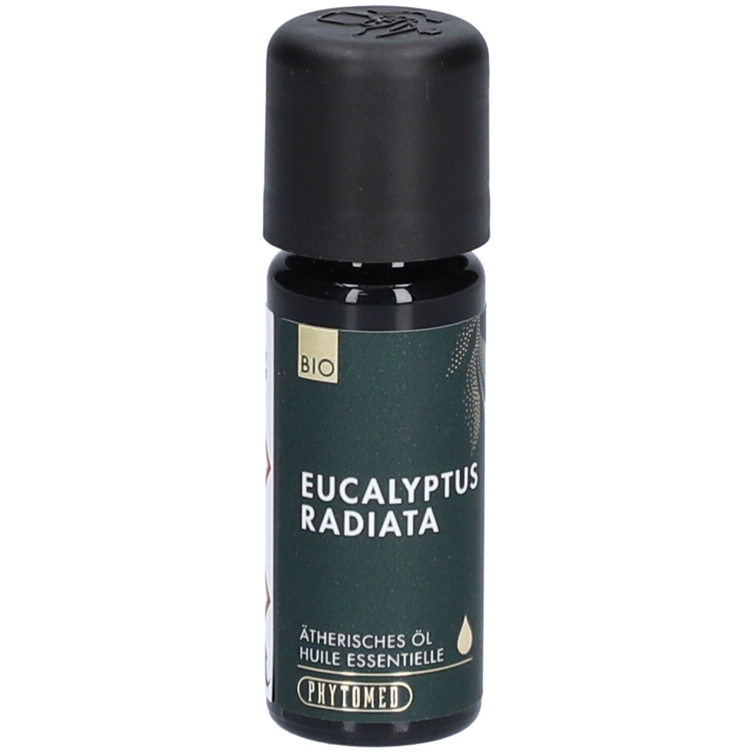 Braune Glasflasche mit schwarzem Deckel. Aufschrift: Eucalyptus Radiata, Ätherisches Öl, BIO. Marke: PHYTOMED.