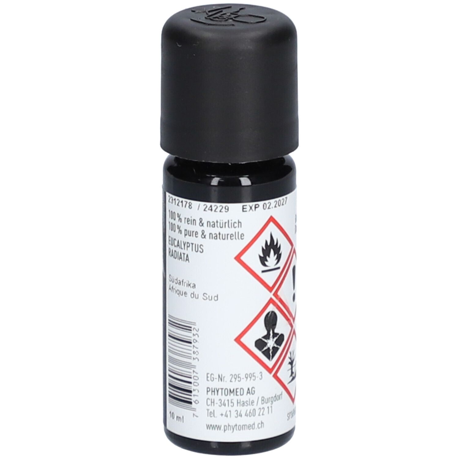 Braune Glasflasche mit schwarzem Deckel. Aufschrift: 100% rein & natürlich, Eucalyptus Radiata, Ätherisches Öl. Marke: PHYTOMED.