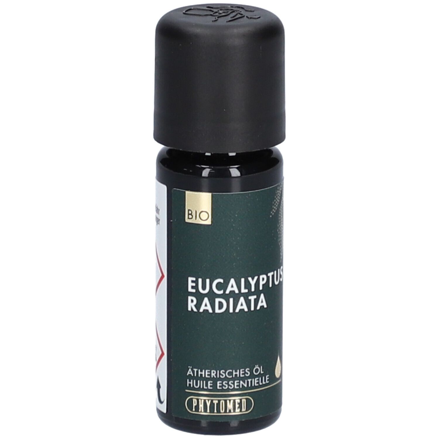 Braune Glasflasche mit schwarzem Deckel. Aufschrift: Eucalyptus Radiata, Ätherisches Öl, BIO. Marke: PHYTOMED.