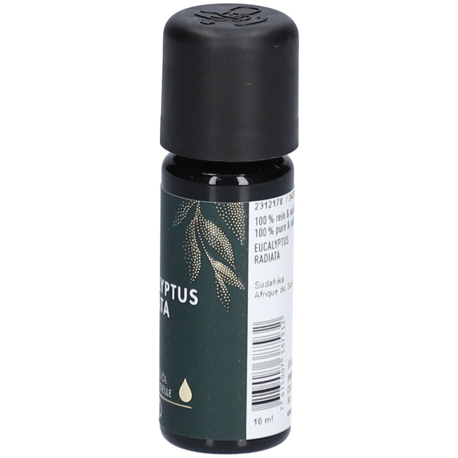 Braune Glasflasche mit schwarzem Deckel. Aufschrift: Eucalyptus Radiata, Ätherisches Öl. Marke: PHYTOMED. 10 ml.