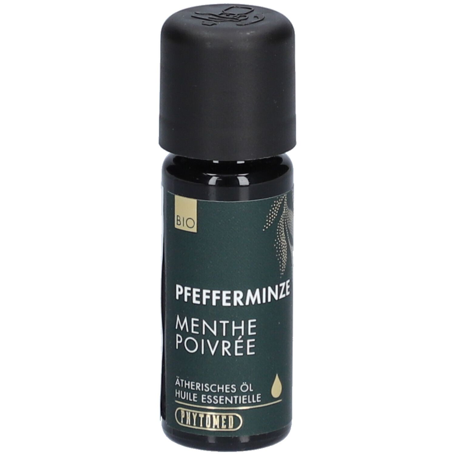 Flacon en verre foncé avec bouchon noir. Inscription: Pfefferminze, Menthe Poivrée. Label BIO. Huile essentielle.