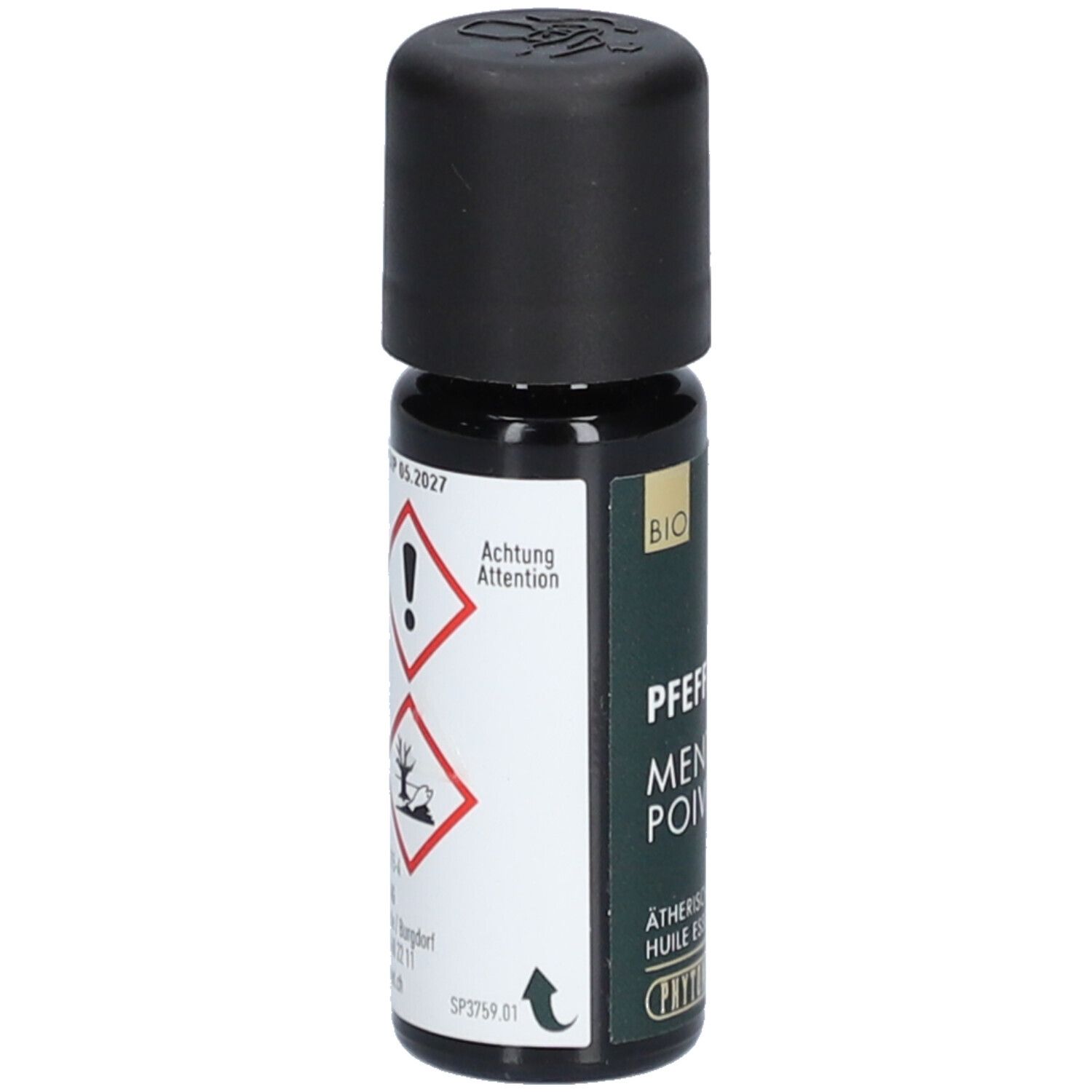 Flacon en verre foncé avec bouchon noir. Étiquette avec symboles d'avertissement. Texte: Achtung, Mentha Piperita. Label BIO.