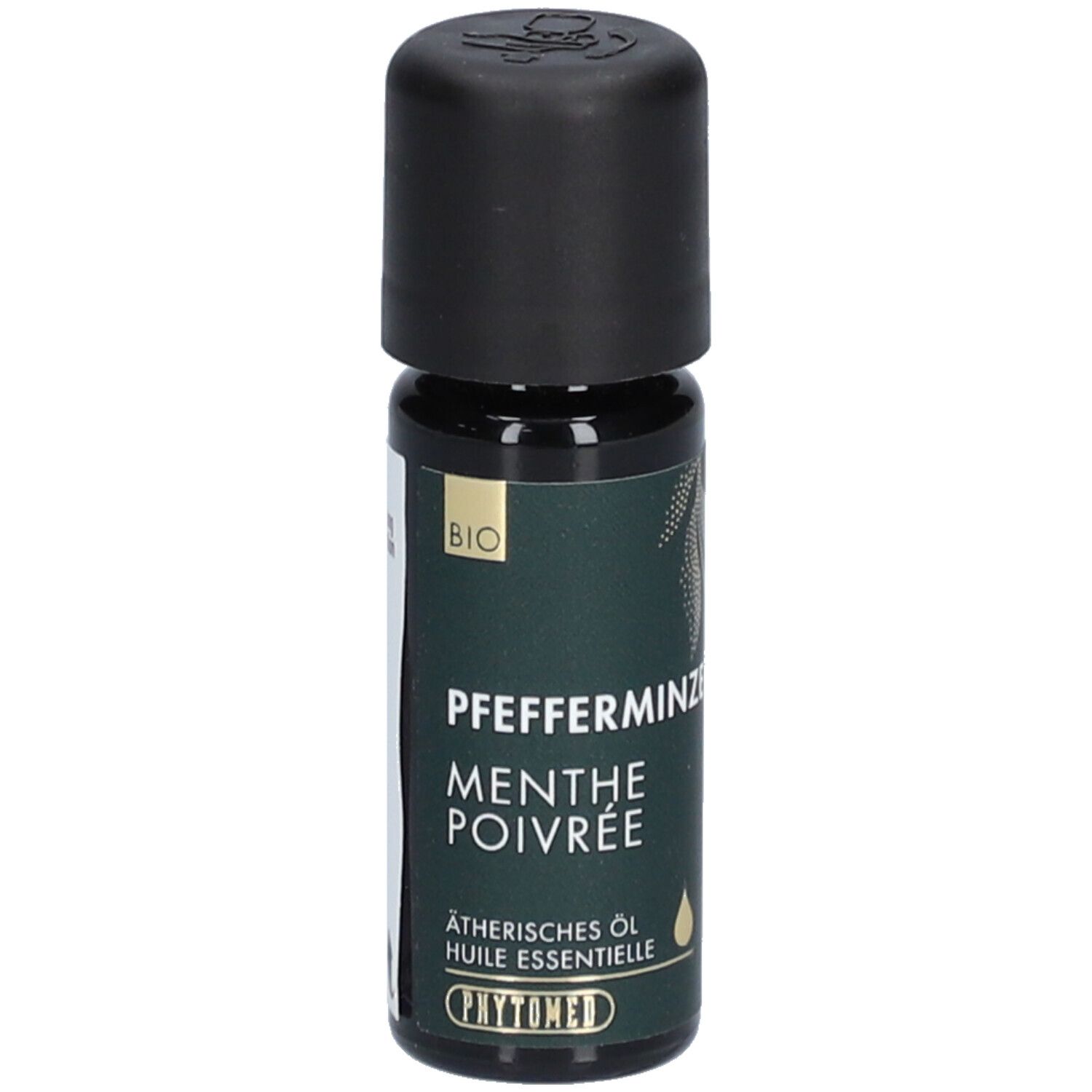 Flacon en verre foncé avec bouchon noir. Inscription: Pfefferminze, Menthe Poivrée. Label BIO. Huile essentielle. Logo PHYTOmed.