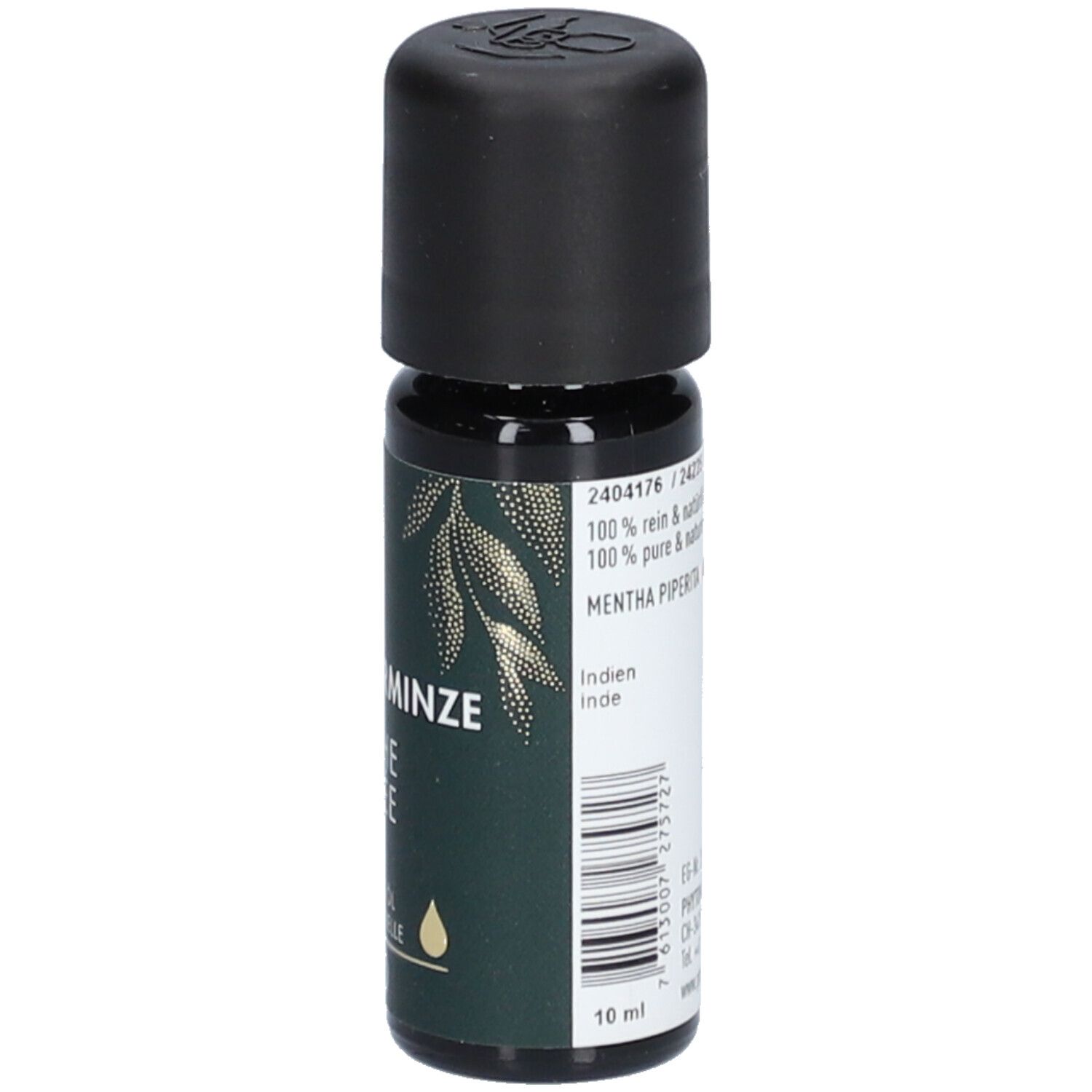 Flacon en verre foncé avec bouchon noir. Inscription: Pfefferminze, Menthe Poivrée. 10 ml. Étiquette avec texte et logo.