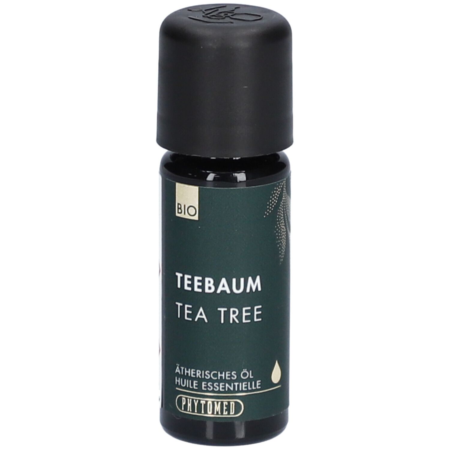 Flacon en verre brun avec bouchon noir. Inscription : Tea Tree, huile essentielle, label BIO. Marque : PHYTOMED.