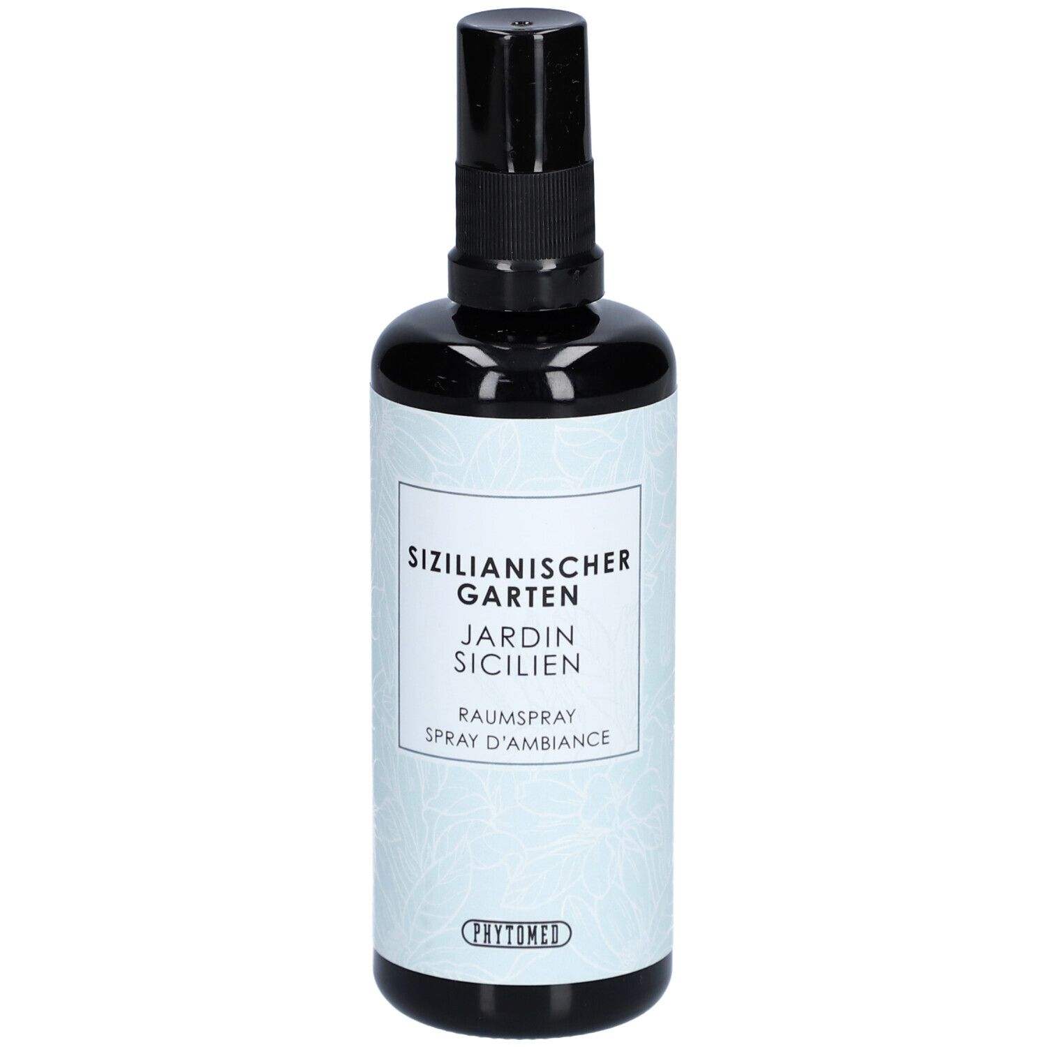 Schwarze Sprühflasche mit weißem Etikett. Aufschrift: Sizilianischer Garten, Jardin Sicilien, Raumspray.