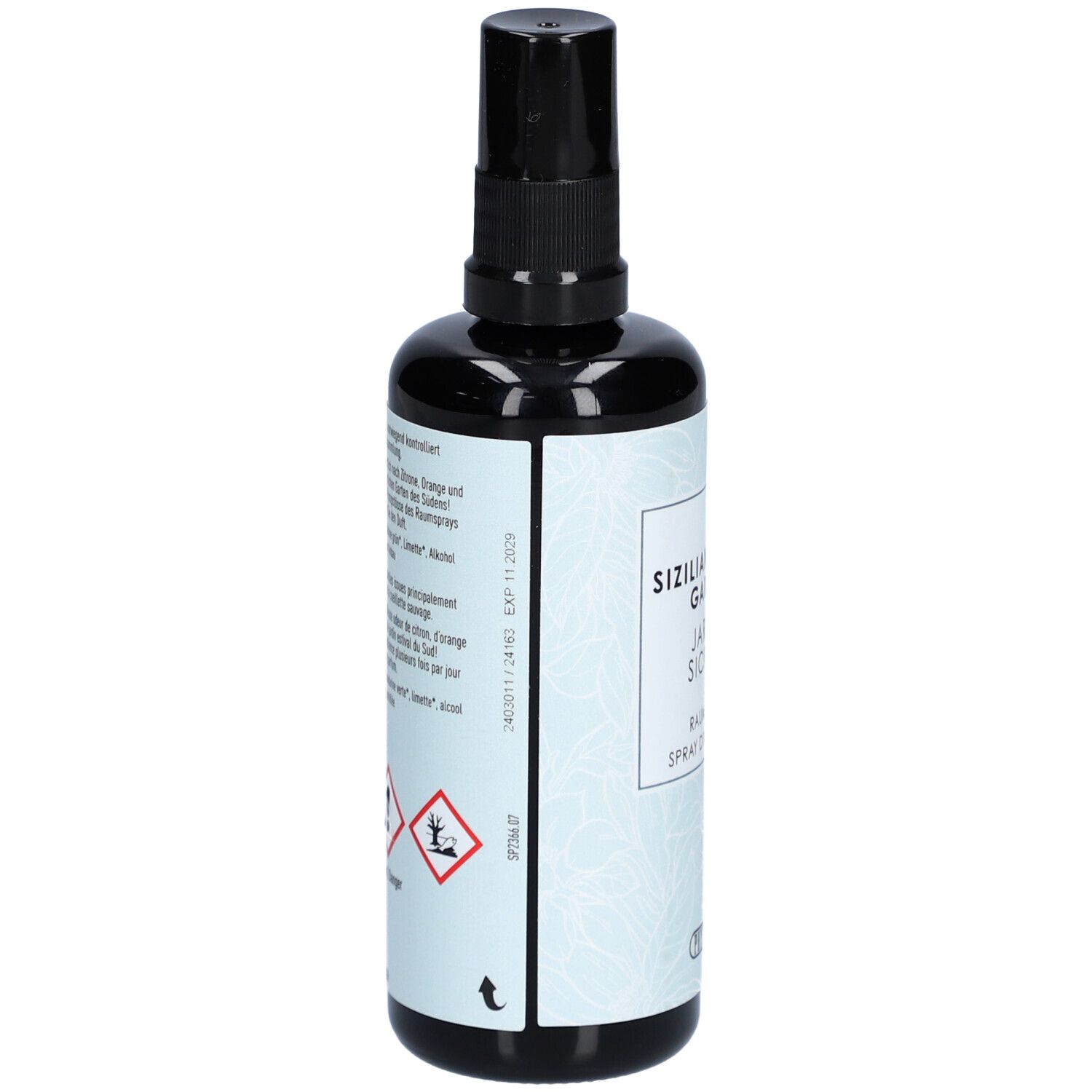 Schwarze Sprühflasche, Rückseite mit Text und Gefahrensymbolen. Etikett mit Text und Haltbarkeitsdatum.