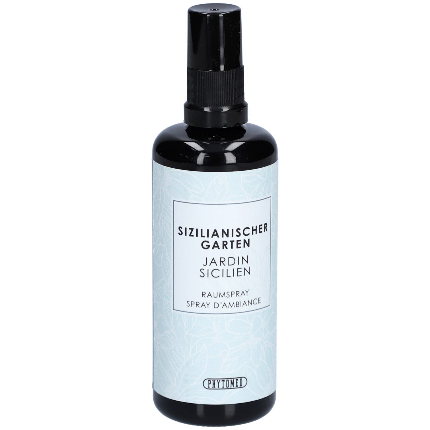 Schwarze Sprühflasche mit weißem Etikett. Aufschrift: Sizilianischer Garten, Jardin Sicilien, Raumspray.