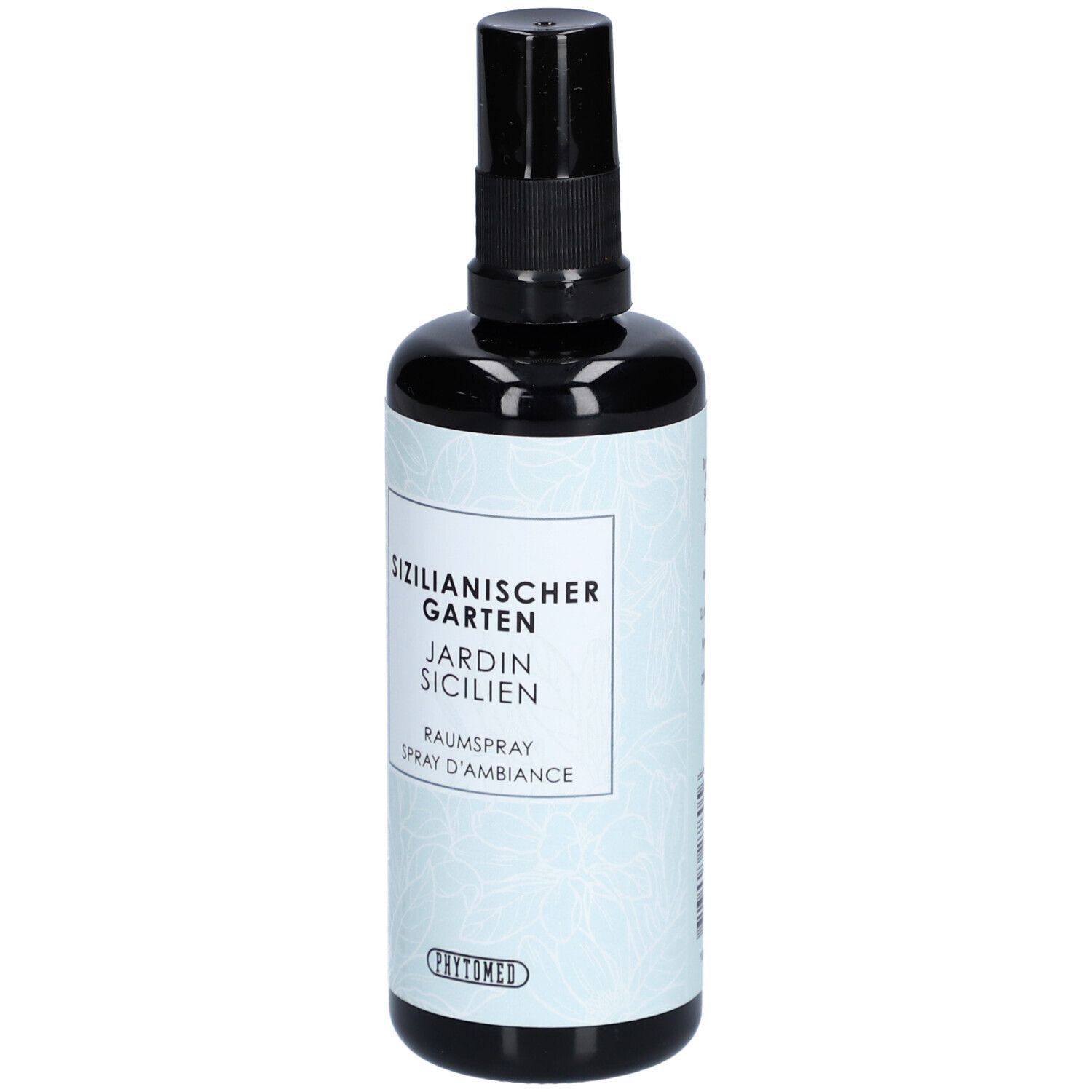 Schwarze Sprühflasche mit weißem Etikett. Aufschrift: Sizilianischer Garten, Jardin Sicilien, Raumspray.