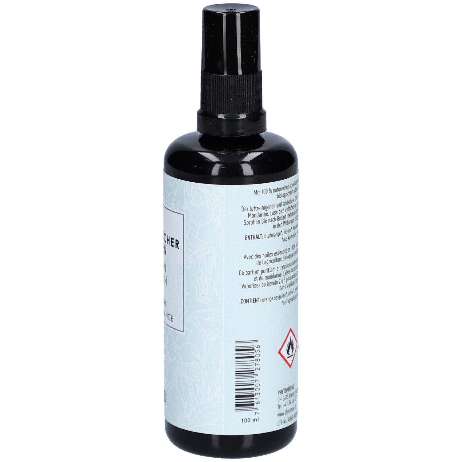 Schwarze Sprühflasche, Rückseite mit Text und Gefahrensymbolen. 100 ml Volumenangabe.
