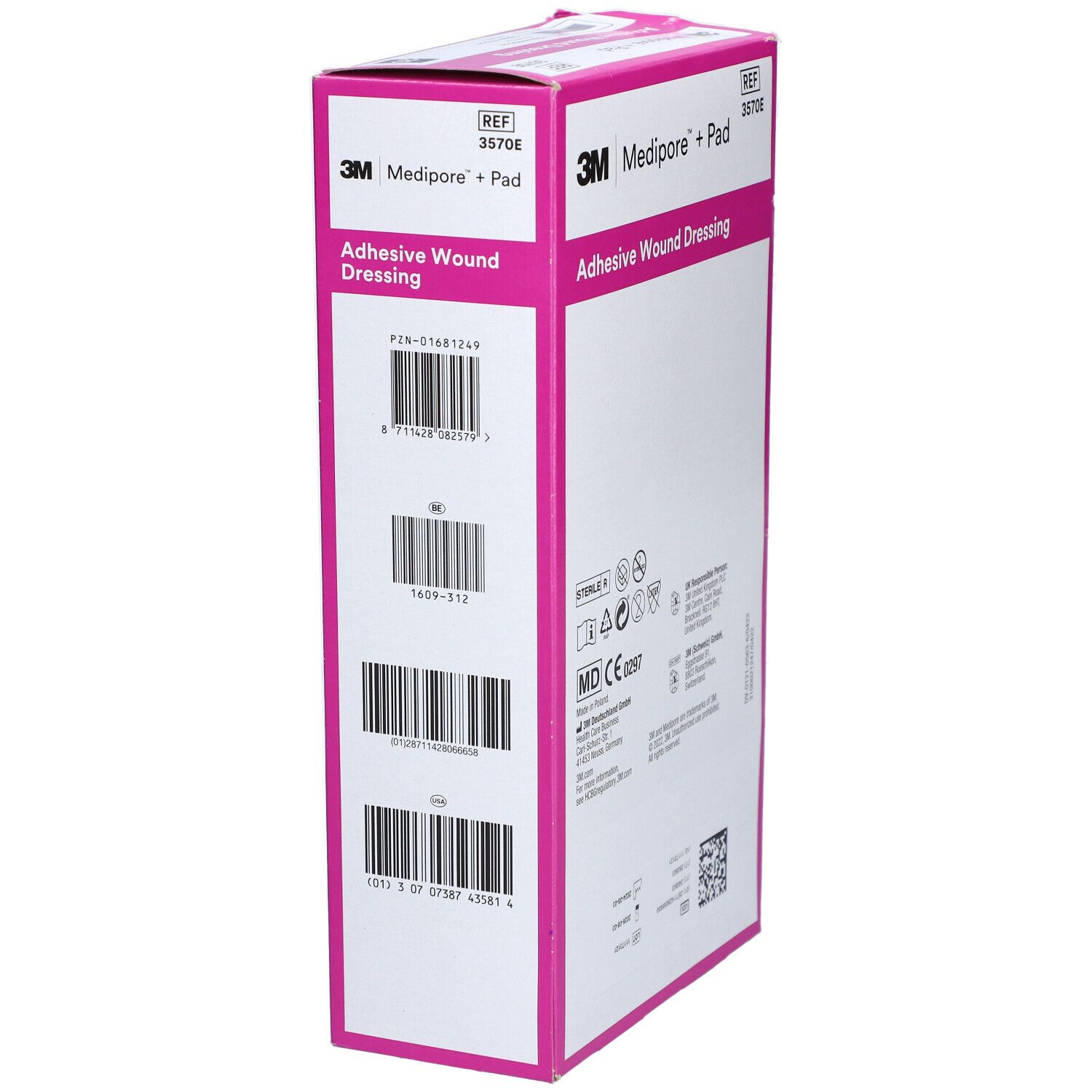 3M Medipore + Pad Verpackung. Rosa Akzente, Produktname und Details. Barcodes und CE-Kennzeichnung.