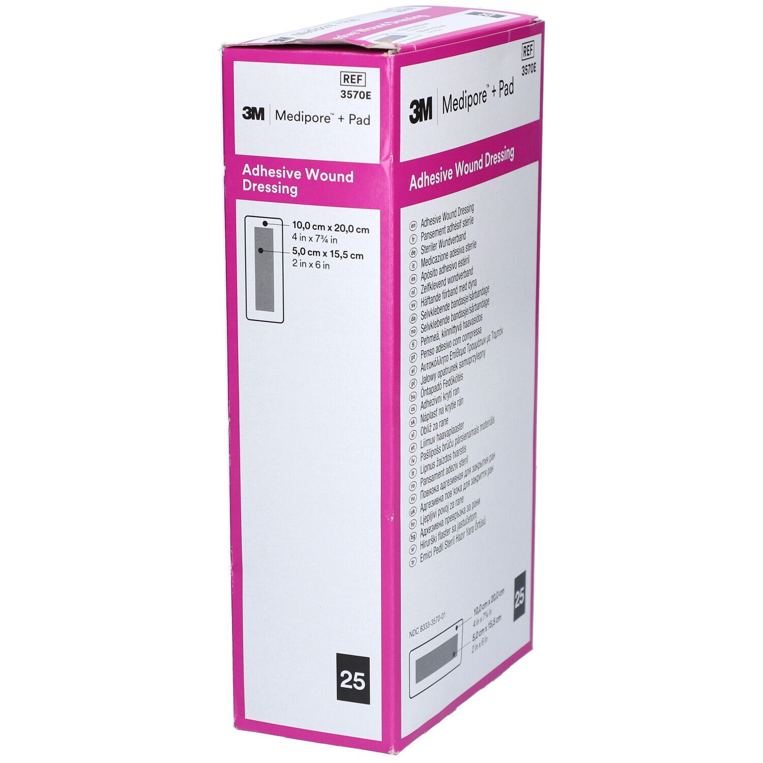 3M Medipore + Pad Verpackung. Rosa Akzente, Produktname und Details. Größenangaben: 10,0 x 20,0 cm.