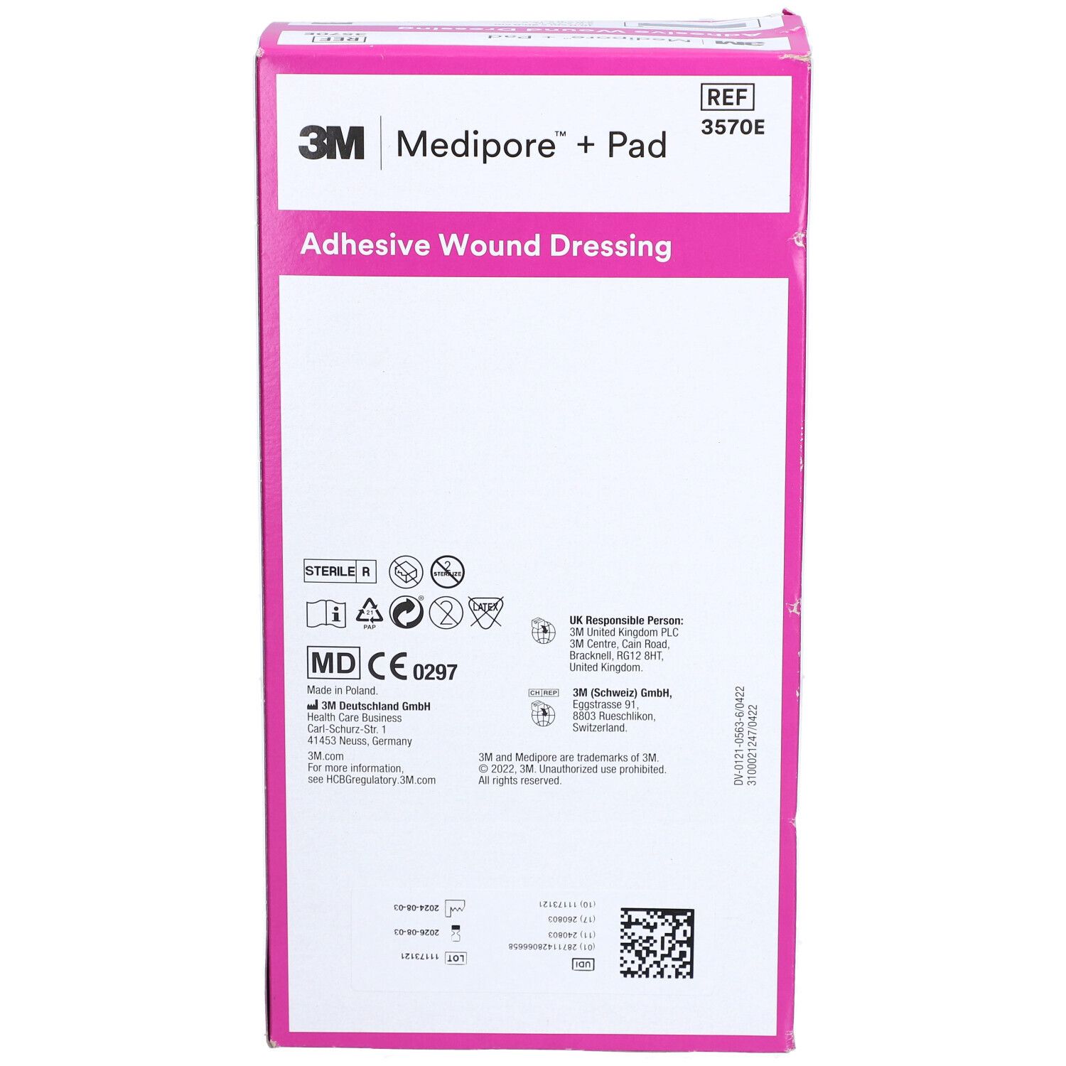 3M Medipore + Pad Verpackung. Rosa Akzente, Produktname und Details. Steril-Symbol und CE-Kennzeichnung.