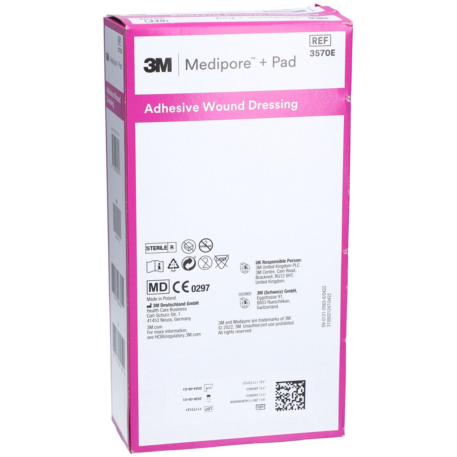 3M Medipore + Pad Verpackung. Rosa Akzente, Produktname und Details. Steril-Symbol und CE-Kennzeichnung.