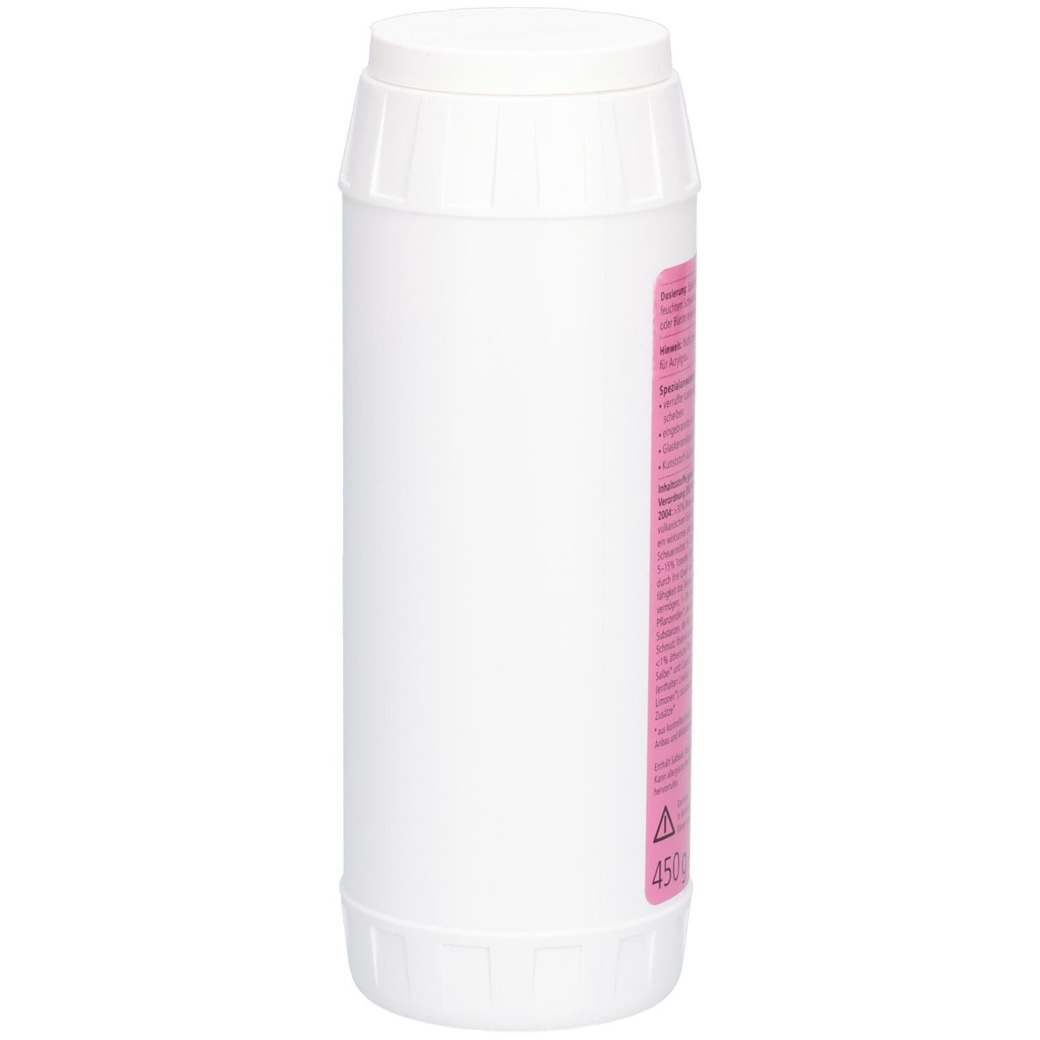 Weiße Flasche mit weißem Deckel. Rosa Etikett mit Text. Gewicht: 450 g.