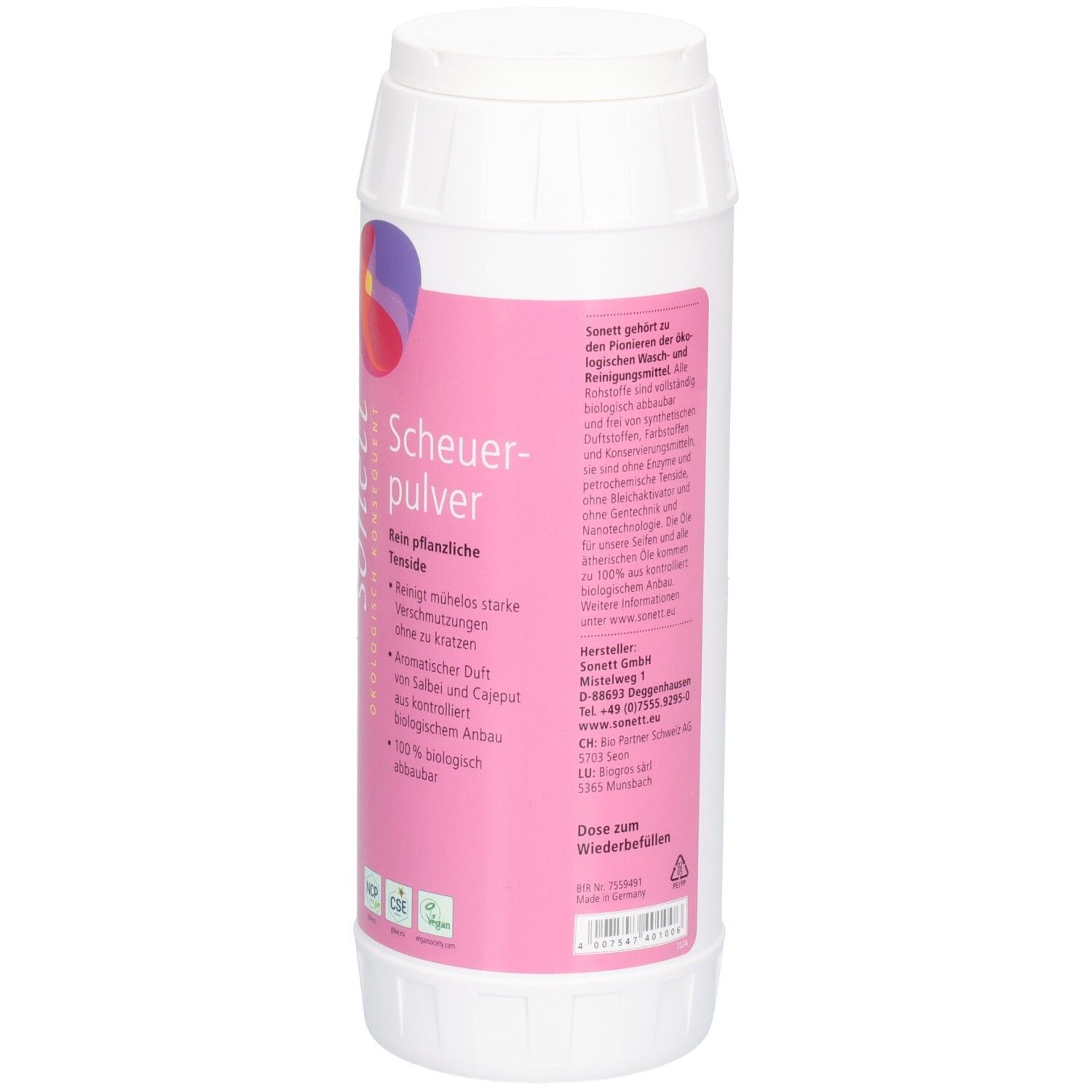 Weiße Flasche mit rosa Etikett. Aufschrift: sonett Scheuerpulver. Text und Zertifizierungen.