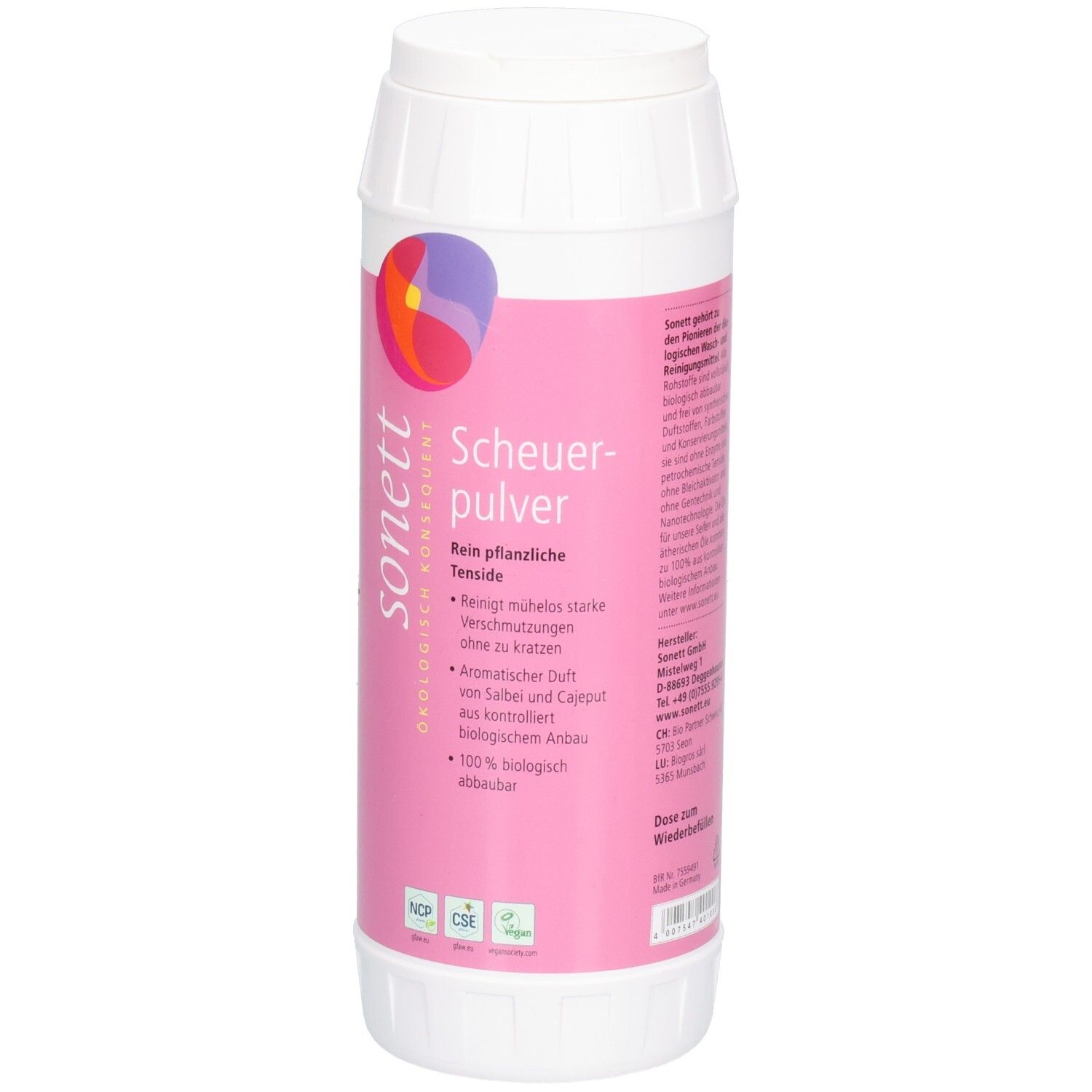 Weiße Flasche mit rosa Etikett. Aufschrift: sonett Scheuerpulver. Text und Zertifizierungen.