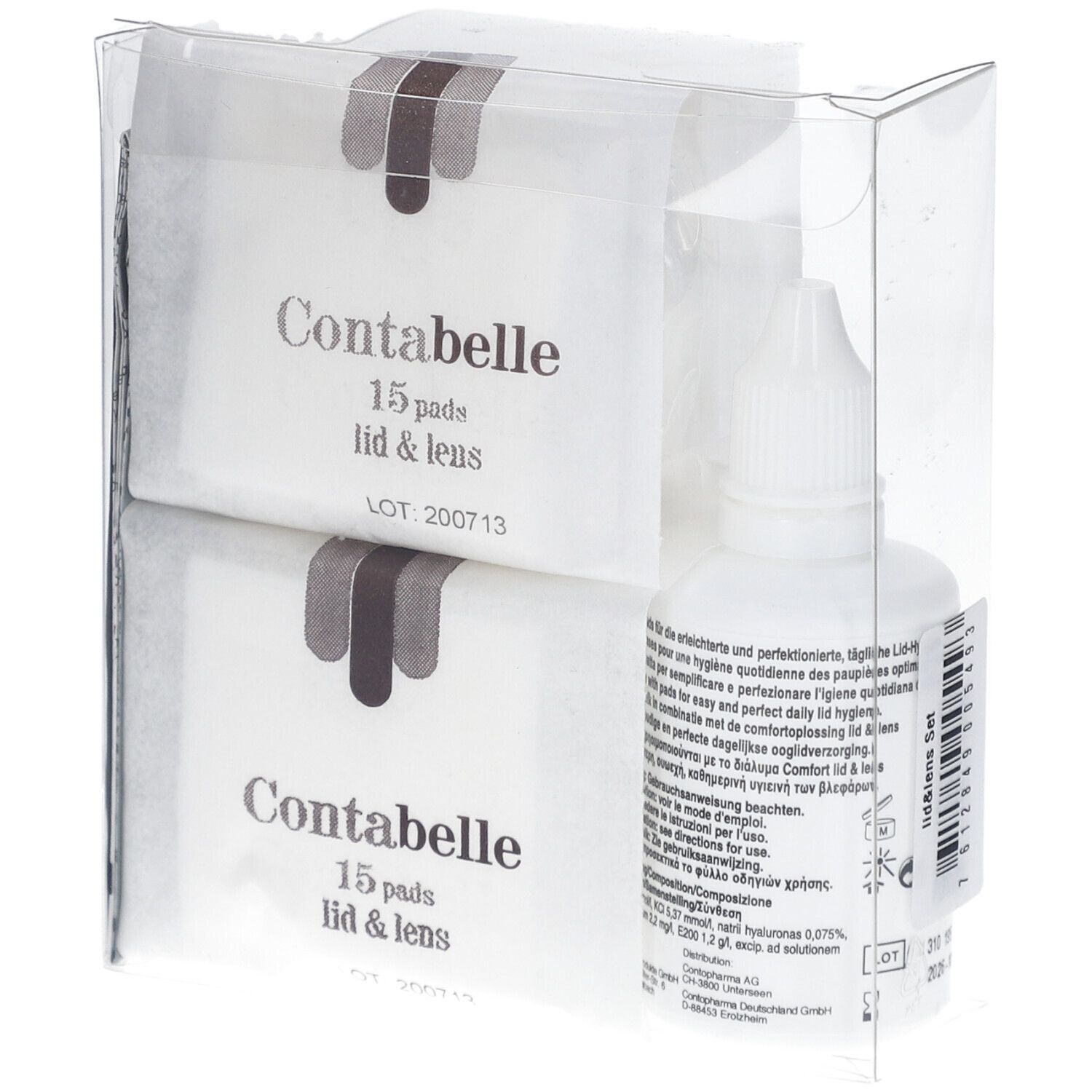 Emballage Contabelle lid & lens. Contient 15 pads et un flacon. Emballage plastique transparent.