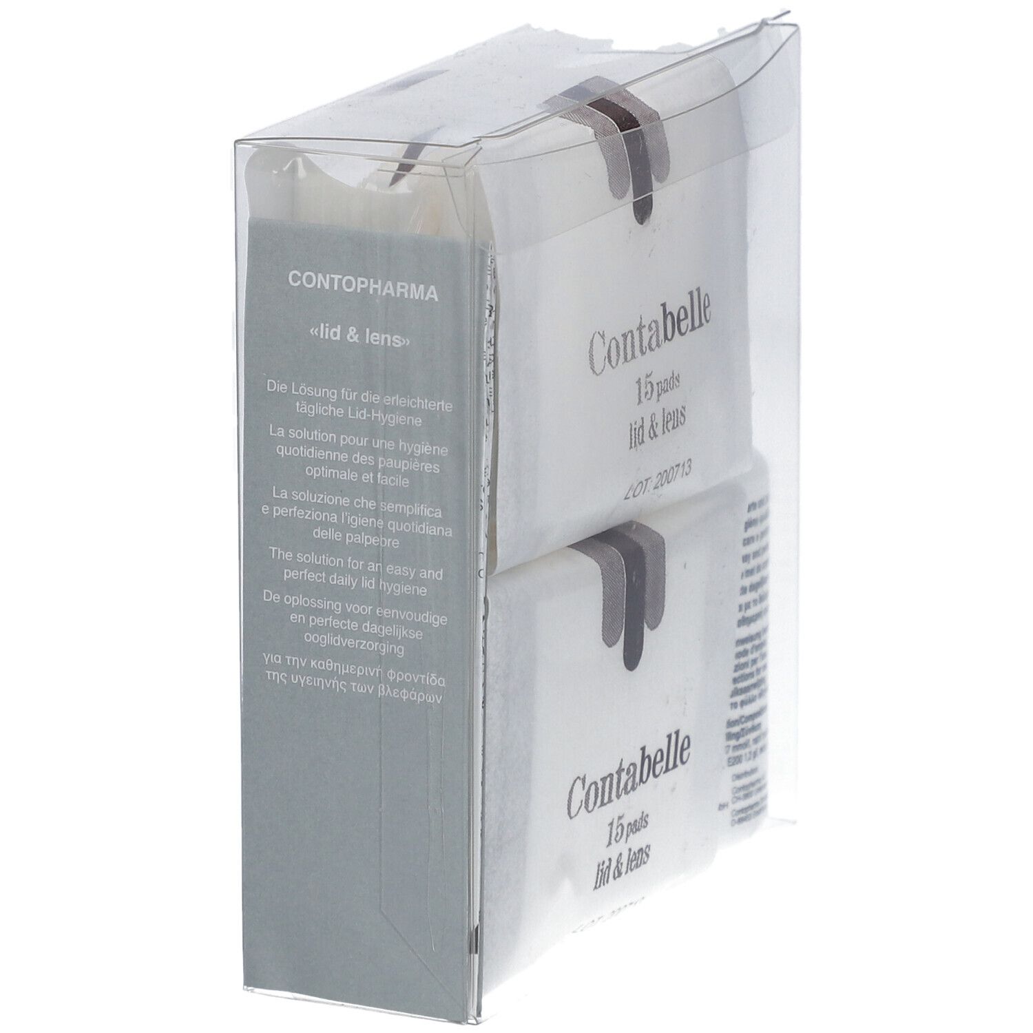 Contabelle lid & lens en emballage. 15 pads et un flacon. Emballage plastique transparent avec texte.