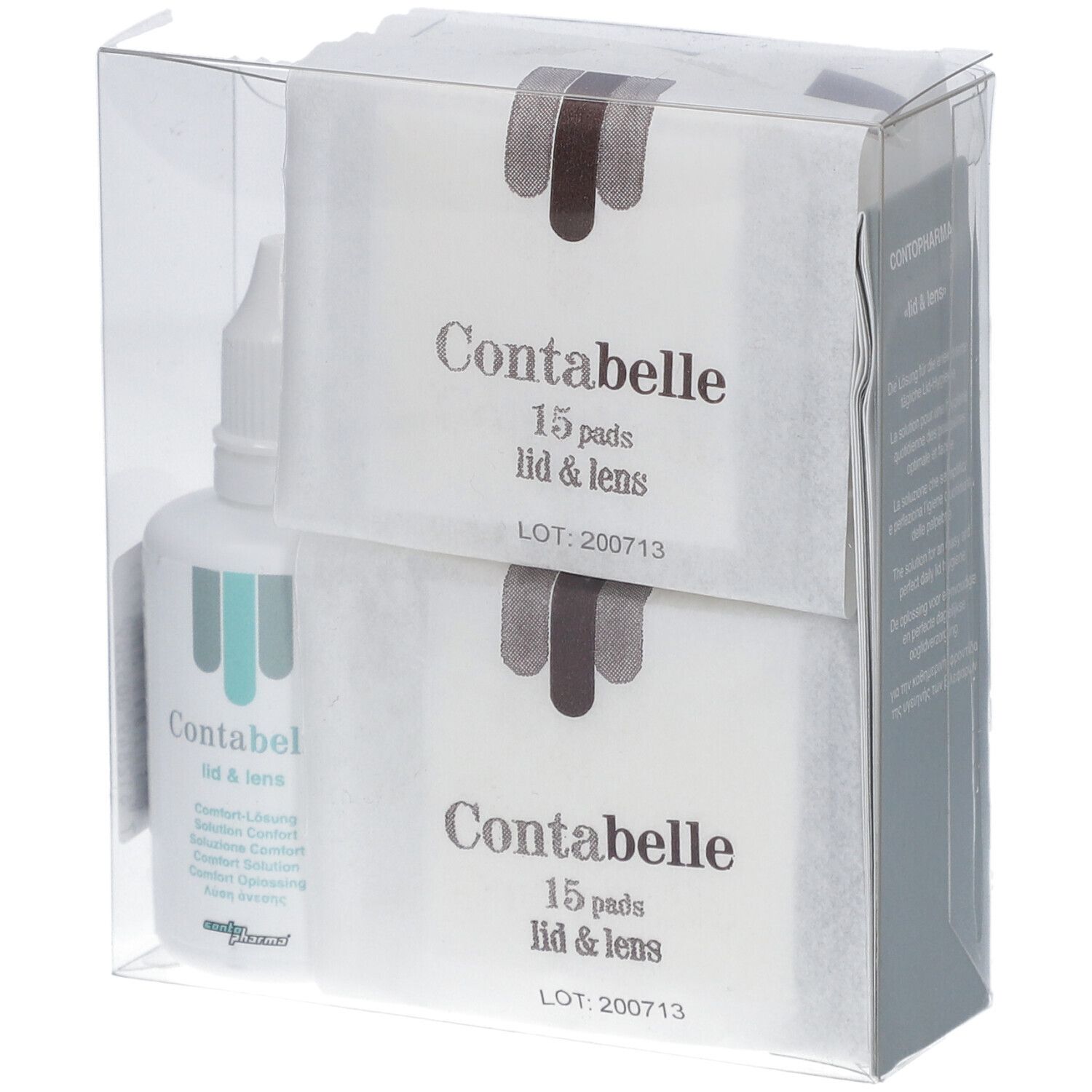 Set Contabelle lid & lens en emballage. 15 pads et un flacon. Emballage plastique transparent.