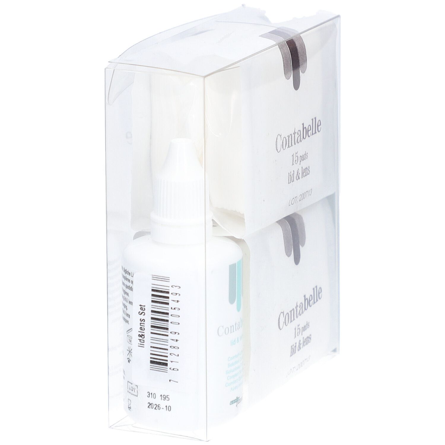 Set Contabelle lid & lens en emballage. 15 pads et un flacon. Emballage plastique transparent.