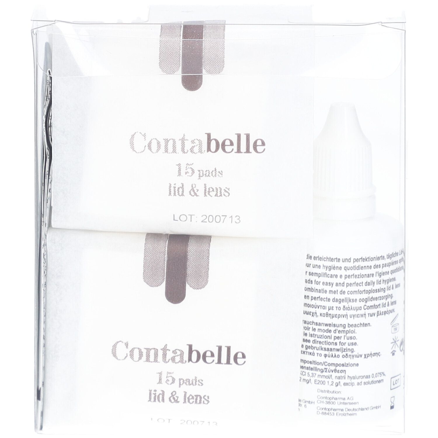 Set Contabelle lid & lens en emballage. 15 pads et un flacon. Emballage plastique transparent.