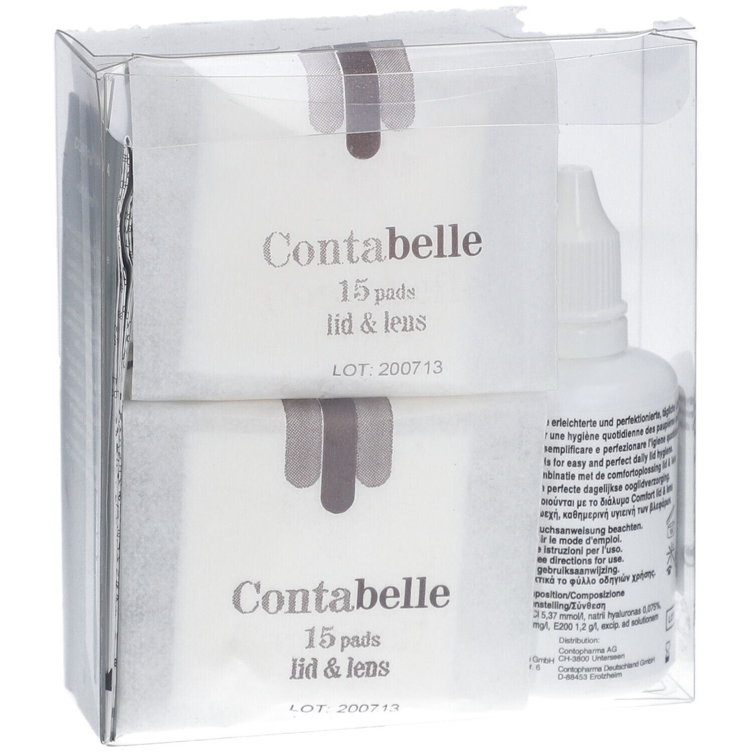 Set Contabelle lid & lens en emballage. 15 pads et un flacon. Emballage plastique transparent.