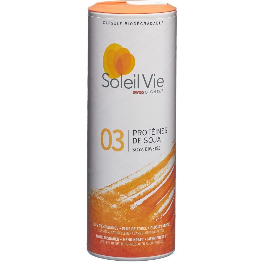 Zylindrische Dose mit SOLEIL VIE Protéines de soja. Orangefarbener Deckel. Aufschrift: 03, Proteines de soja, Soya Eiweiss.